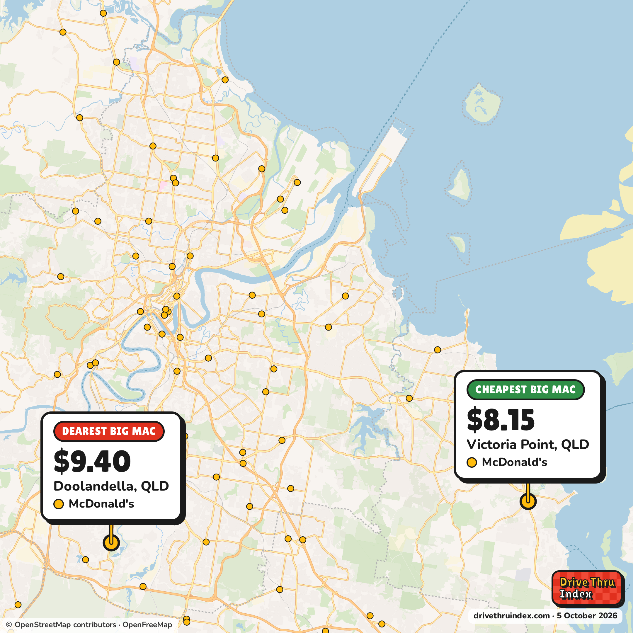 Map of Greater Brisbane marking the cheapest McDonald's Big Mac ($8.15 in Victoria Point, QLD) and the dearest ($9.40 in Doolandella, QLD).