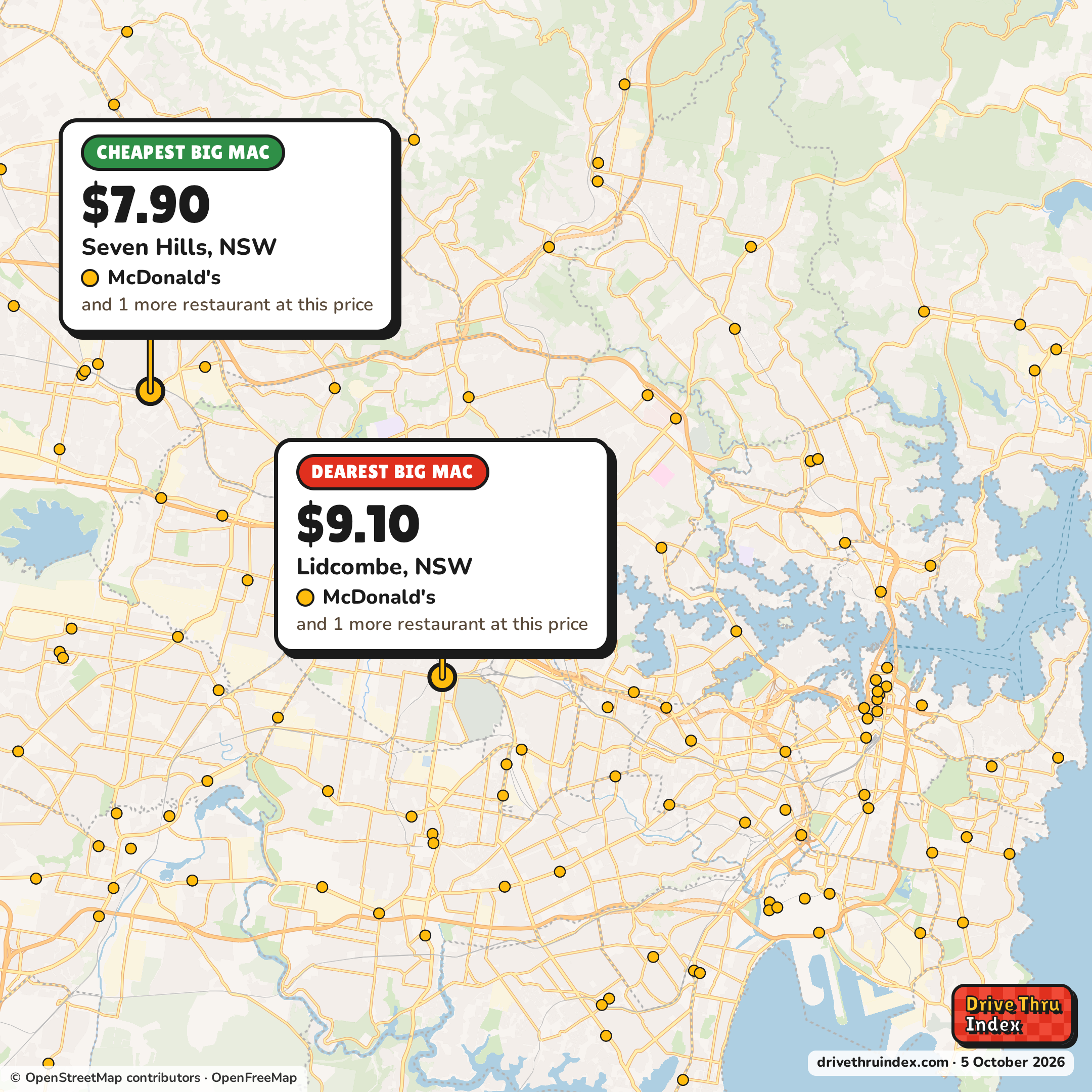 Map of Greater Sydney marking the cheapest McDonald's Big Mac ($7.90 in Seven Hills, NSW) and the dearest ($9.10 in Lidcombe, NSW).