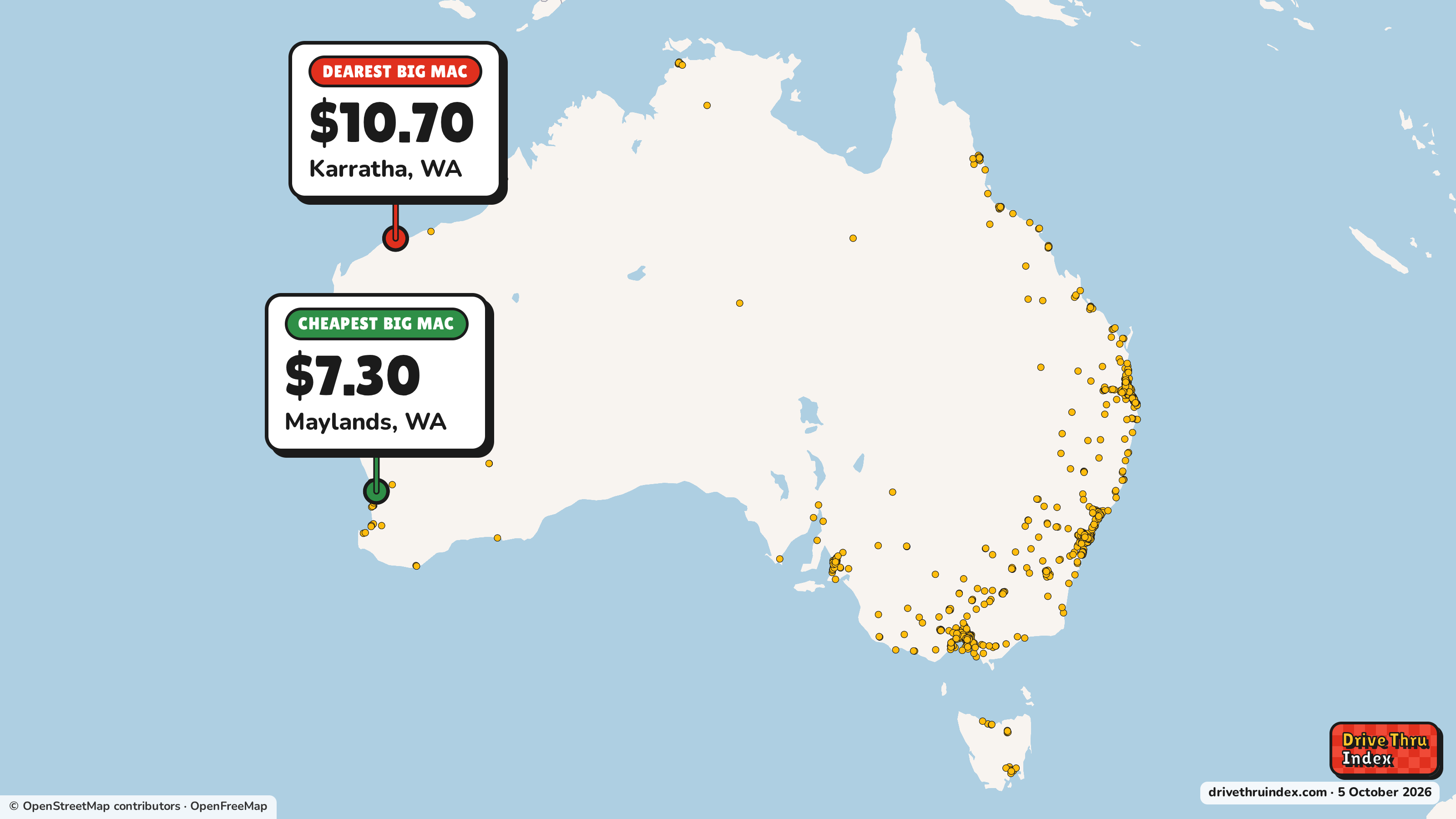 Map of 1,080 McDonald's restaurants in Australia, marking the cheapest Big Mac ($7.30 in Maylands, WA) and the dearest ($10.70 in Karratha, WA).