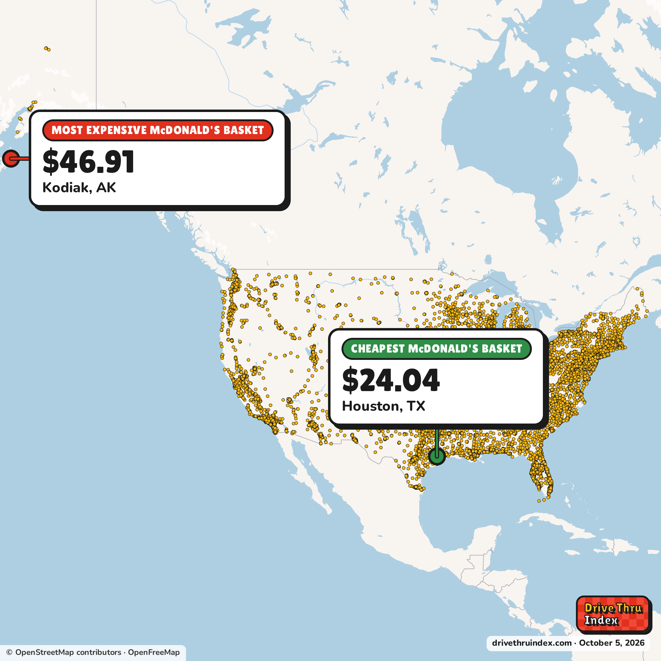 Map of McDonald's restaurants in the US, marking the cheapest basket ($24.04 in Houston, TX) and the most expensive ($46.91 in Kodiak, AK) for the same items: Big Mac®, 10 pc. Chicken McNuggets®, 4 Piece McCrispy™ Strips, Deluxe McCrispy™, Large French Fries and Medium Coke®.