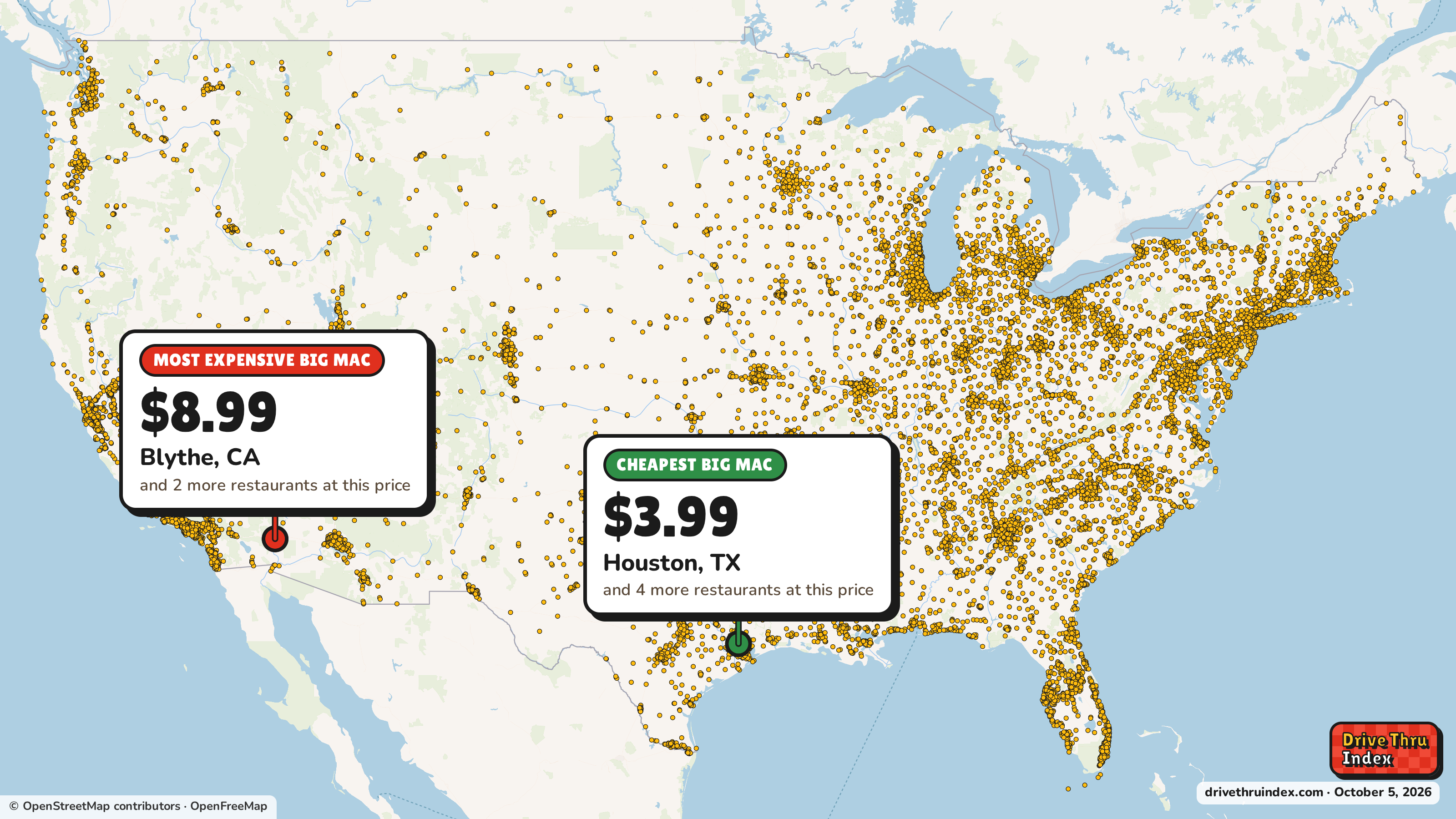 Map of 13,712 McDonald's restaurants in the US, marking the cheapest Big Mac ($3.99 in Houston, TX) and the most expensive ($8.99 in Blythe, CA).
