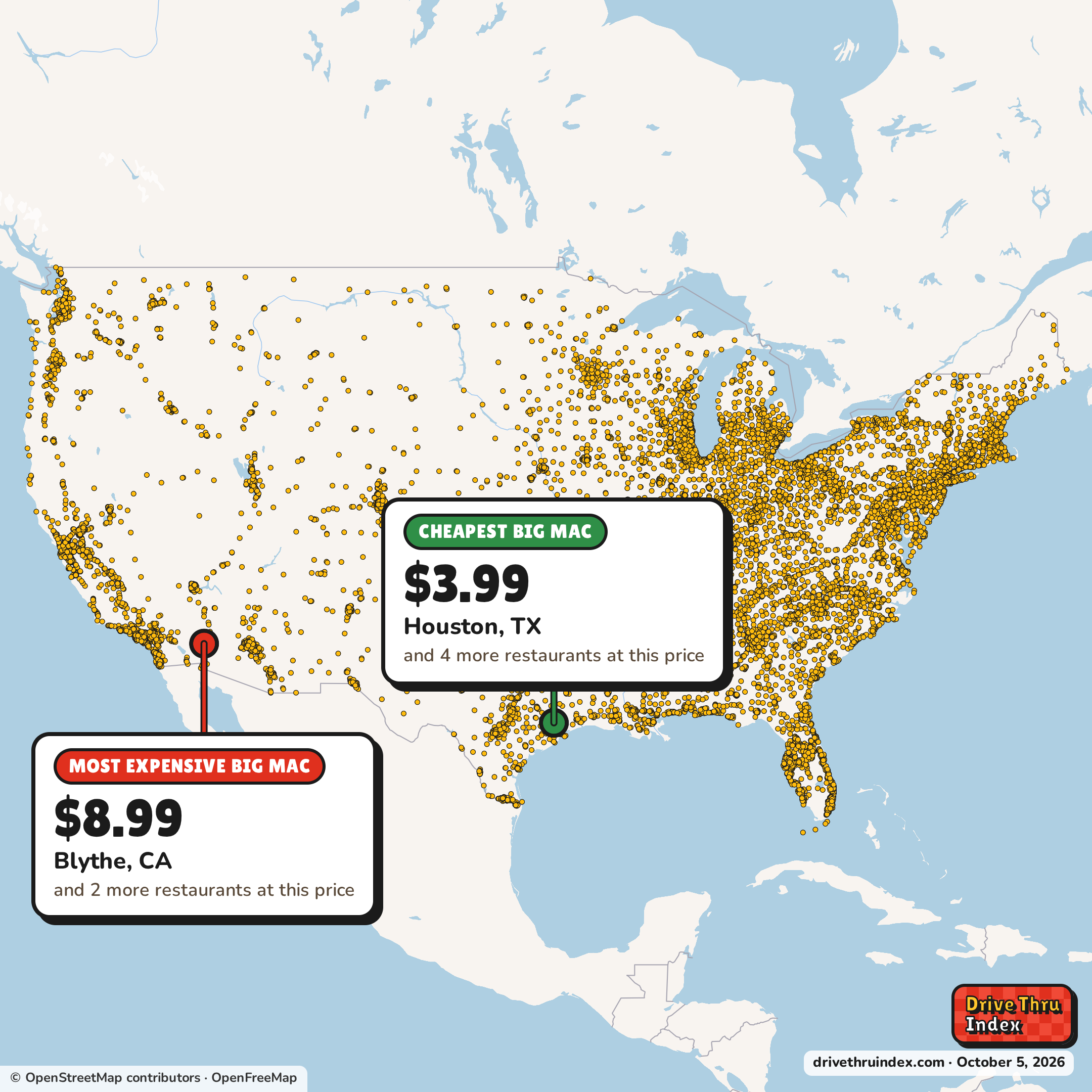 Map of 13,712 McDonald's restaurants in the US, marking the cheapest Big Mac ($3.99 in Houston, TX) and the most expensive ($8.99 in Blythe, CA).