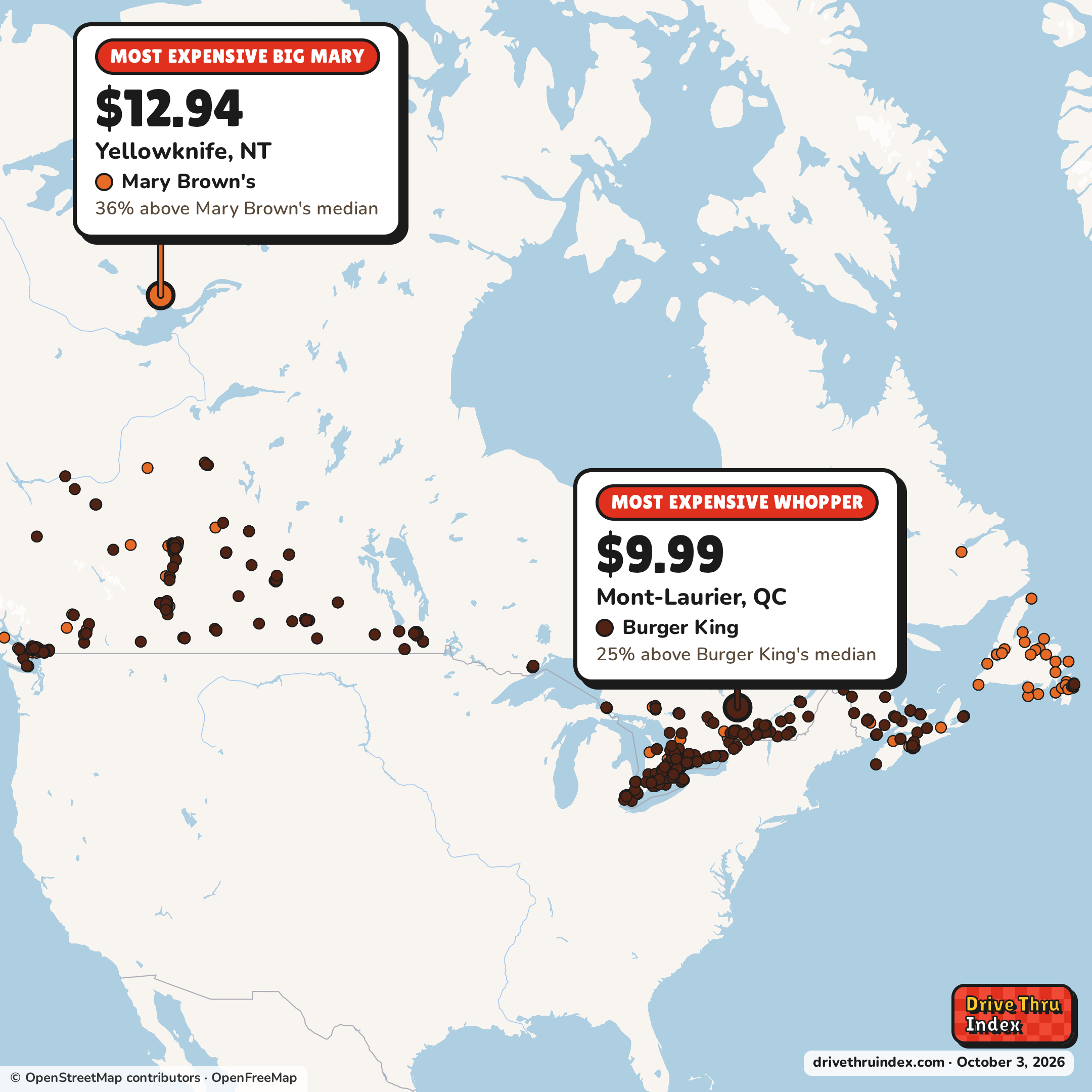 Map of Canada marking each chain's most expensive restaurant: Mary Brown's Big Mary, $12.94 in Yellowknife, NT, 36% above its median; Burger King Whopper, $9.99 in Mont-Laurier, QC, 25% above its median; Taco Bell Crunchwrap Supreme, $9.99 in Brantford, ON, 25% above its median; KFC Famous Chicken Sandwich, $13.49 in Osoyoos, BC, 23% above its median.