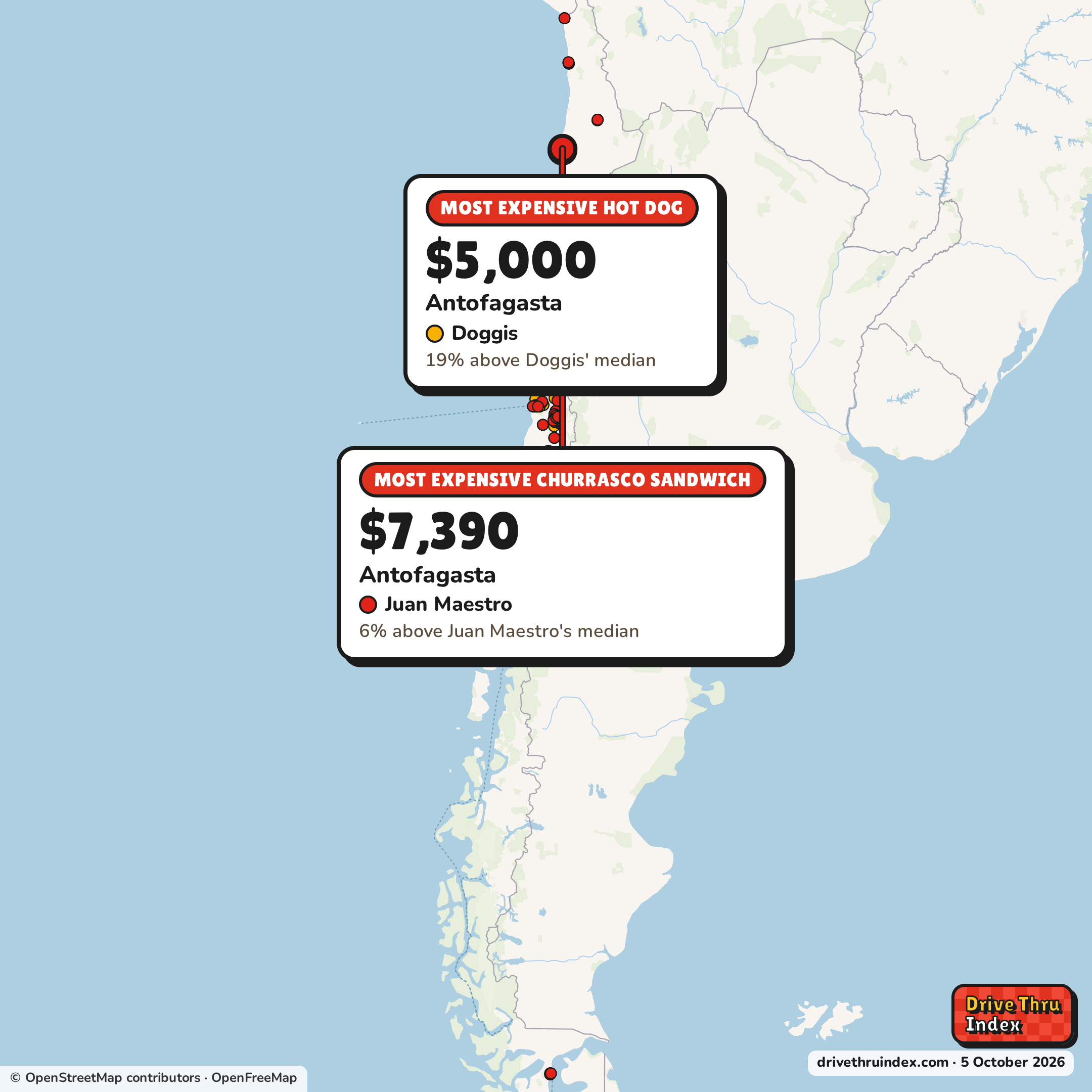 Map of Chile marking each chain's most expensive restaurant: Doggis Hot dog, $5,000 in Antofagasta, Antofagasta, 19% above its median; Juan Maestro Churrasco sandwich, $7,390 in Antofagasta, Antofagasta, 6% above its median.
