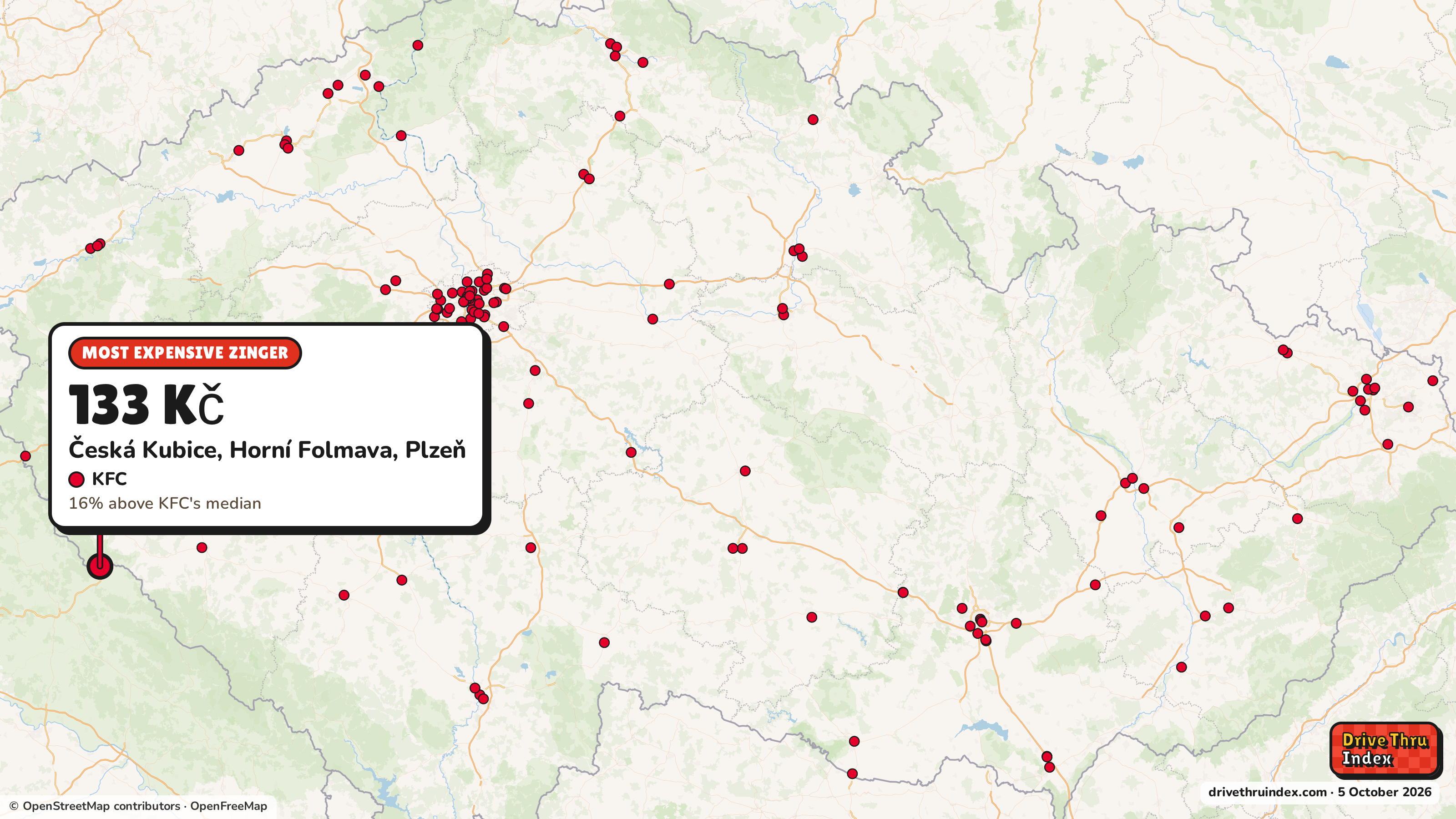 Map of Czechia marking each chain's most expensive restaurant: KFC Zinger, 133 Kč in Česká Kubice, Horní Folmava, Plzeň, 16% above its median.