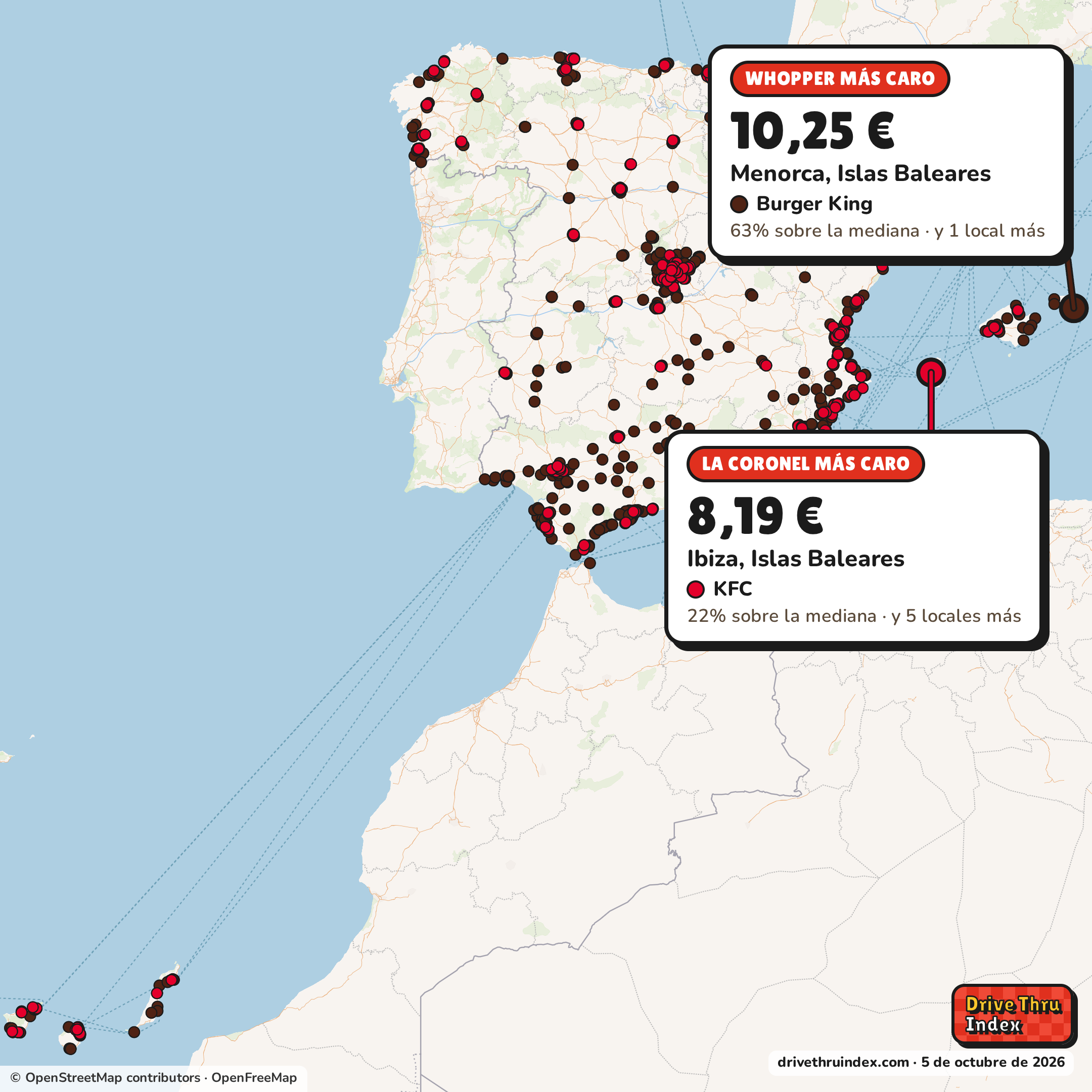 Mapa de España con el restaurante más caro de cada cadena: Burger King Whopper, 10,25 € en 2 locales de Burger King, entre ellos el de Menorca, Islas Baleares; KFC La Coronel, 8,19 € en 6 locales de KFC, entre ellos el de Ibiza, Islas Baleares; Popeyes Chicken Sandwich, 7,39 € en 2 locales de Popeyes, entre ellos el de Palma, Islas Baleares.