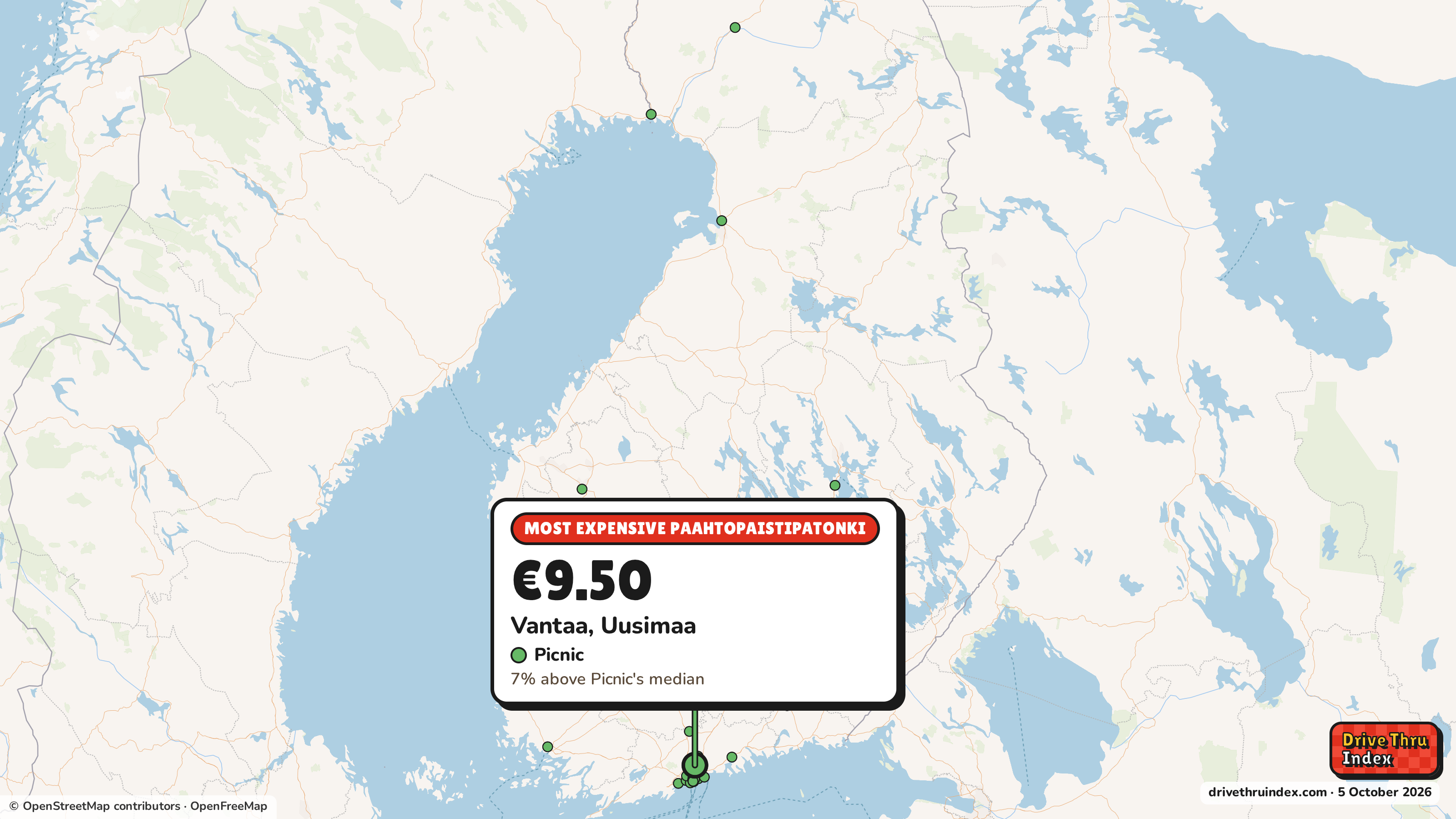 Map of Finland marking each chain's most expensive restaurant: Picnic Paahtopaistipatonki, €9.50 in Vantaa, Uusimaa, 7% above its median.