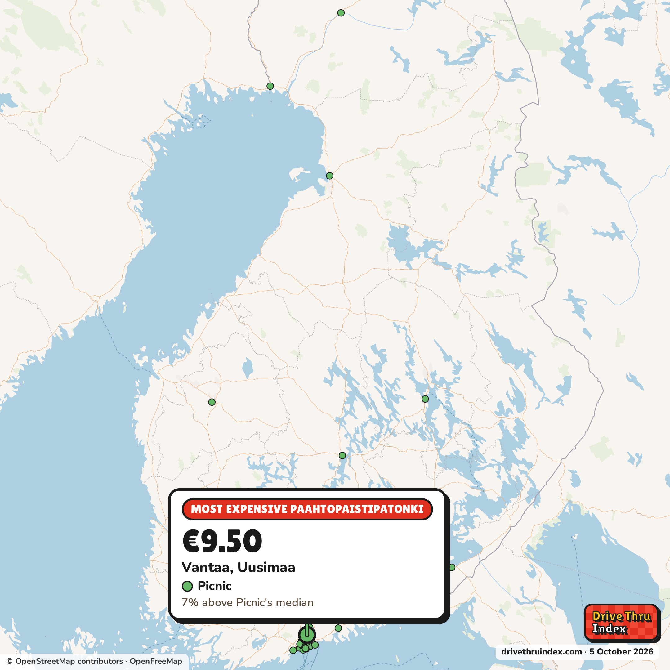 Map of Finland marking each chain's most expensive restaurant: Picnic Paahtopaistipatonki, €9.50 in Vantaa, Uusimaa, 7% above its median.