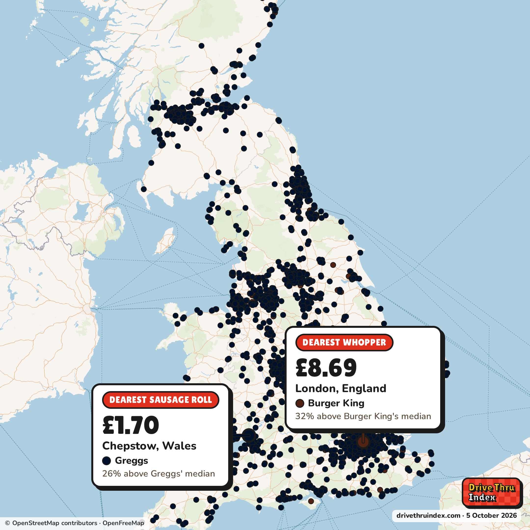 Map of the UK marking each chain's dearest restaurant: Burger King Whopper, £8.69 in London, England, 32% above its median; Greggs Sausage Roll, £1.70 in Chepstow, Wales, 26% above its median; KFC Zinger Burger, £6.99 in London, England, 17% above its median; McDonald's Big Mac, £6.19 in Fort William, Scotland, 14% above its median.