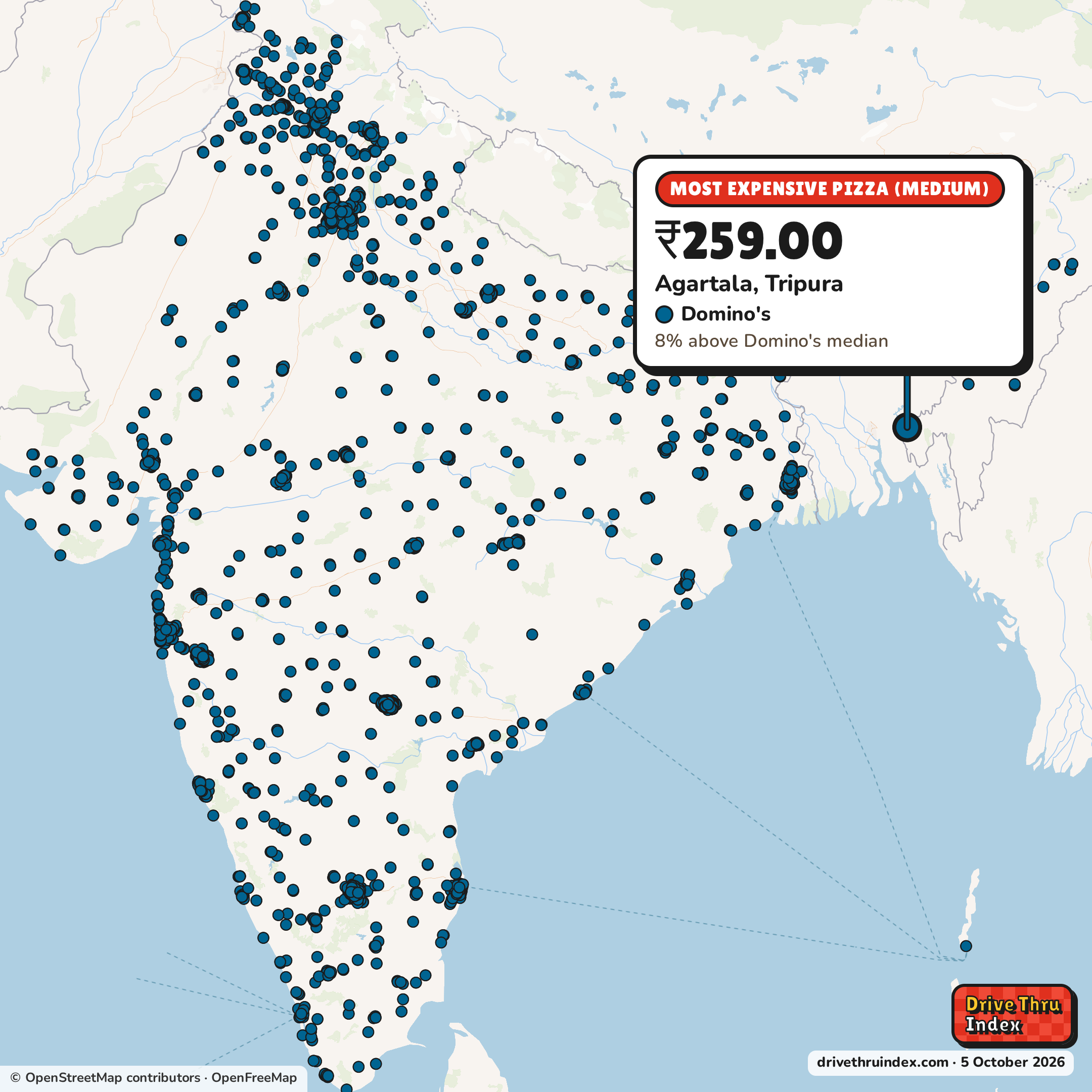 Map of India marking each chain's most expensive restaurant: Domino's Pizza (medium), ₹259.00 in Agartala, Tripura, 8% above its median.