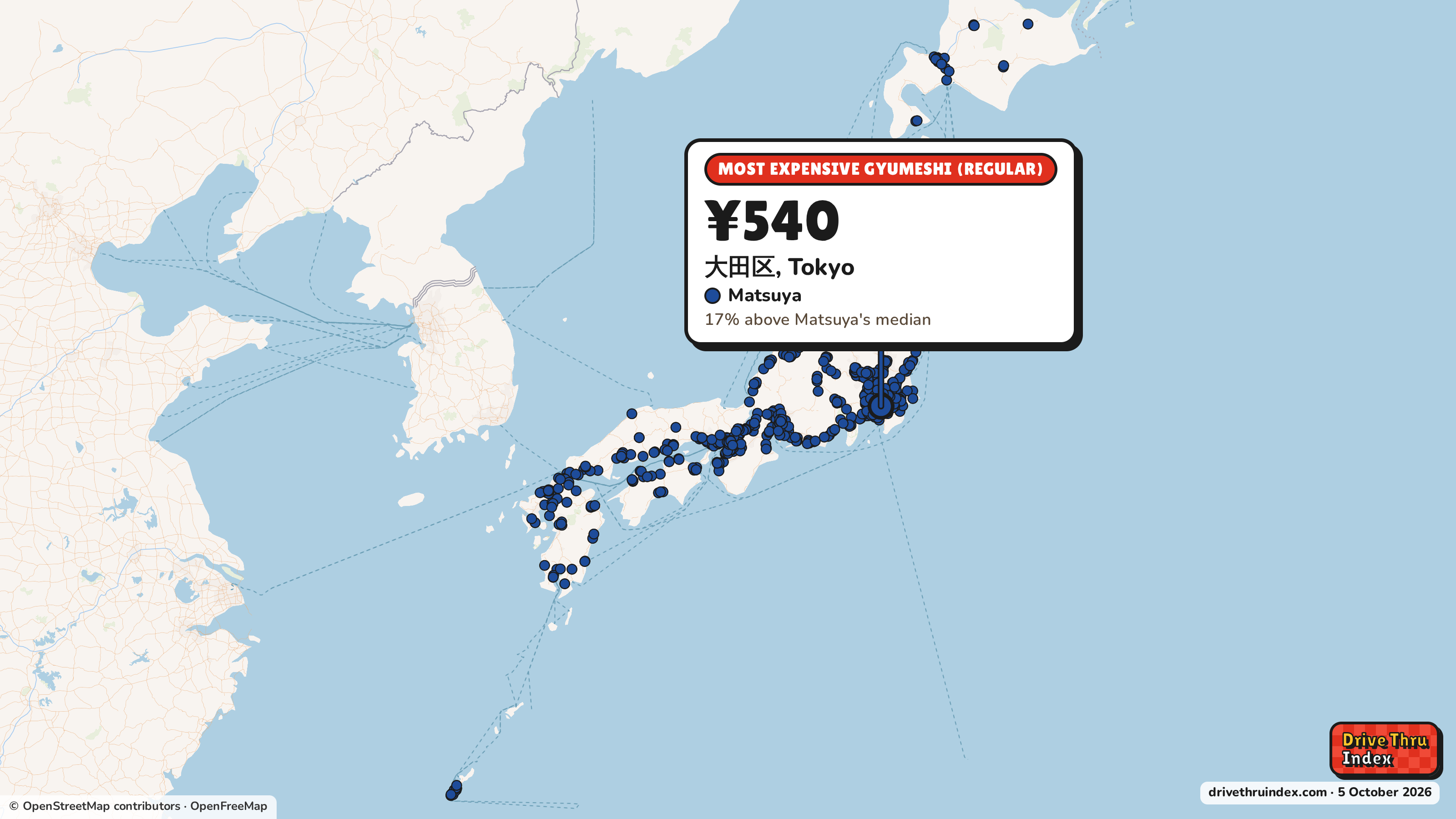 Map of Japan marking each chain's most expensive restaurant: Matsuya Gyumeshi (regular), ¥540 in 大田区, Tokyo, 17% above its median.