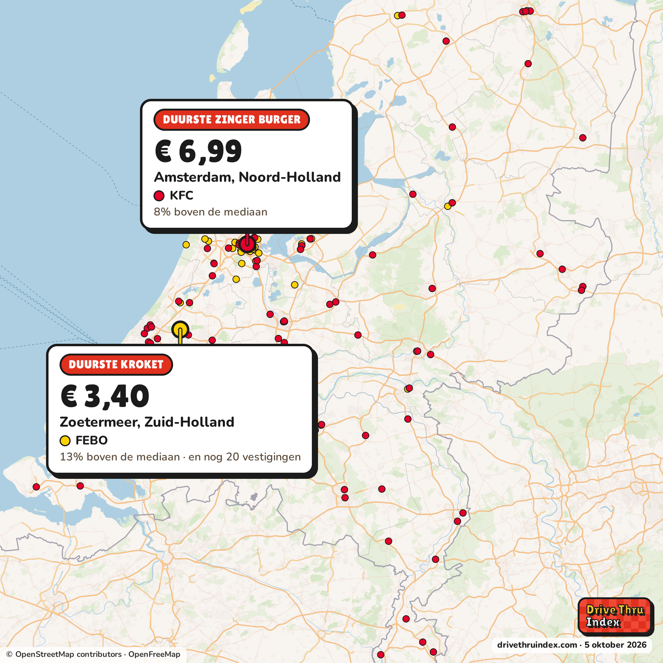 Kaart van Nederland met het duurste restaurant van elke keten: FEBO Kroket, € 3,40 bij 21 vestigingen van FEBO, waaronder die in Zoetermeer, Zuid-Holland; KFC Zinger Burger, € 6,99 in Amsterdam, Noord-Holland.