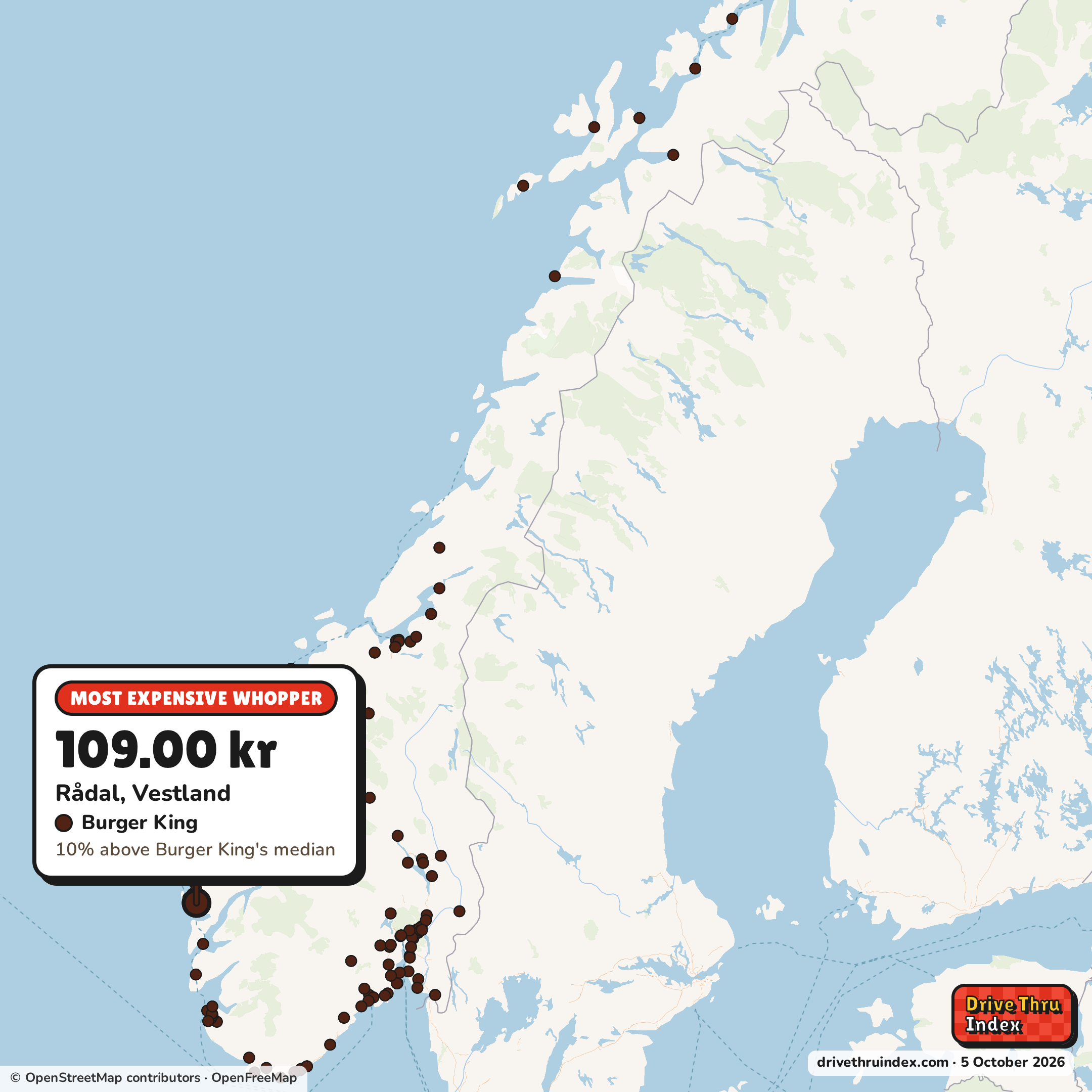 Map of Norway marking each chain's most expensive restaurant: Burger King Whopper, 109.00 kr in Rådal, Vestland, 10% above its median.