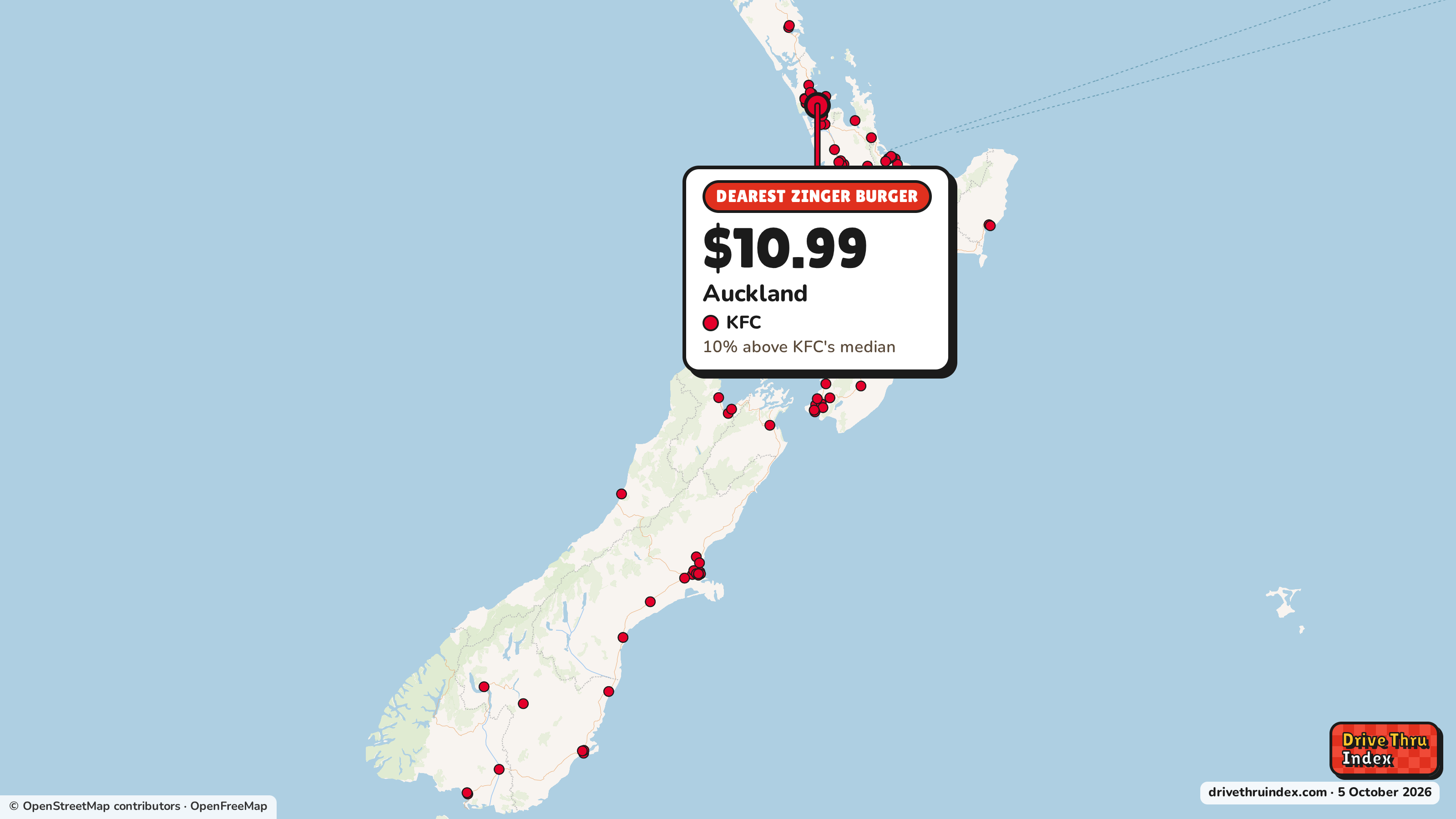 Map of New Zealand marking each chain's dearest restaurant: KFC Zinger Burger, $10.99 in Auckland, Auckland, 10% above its median.