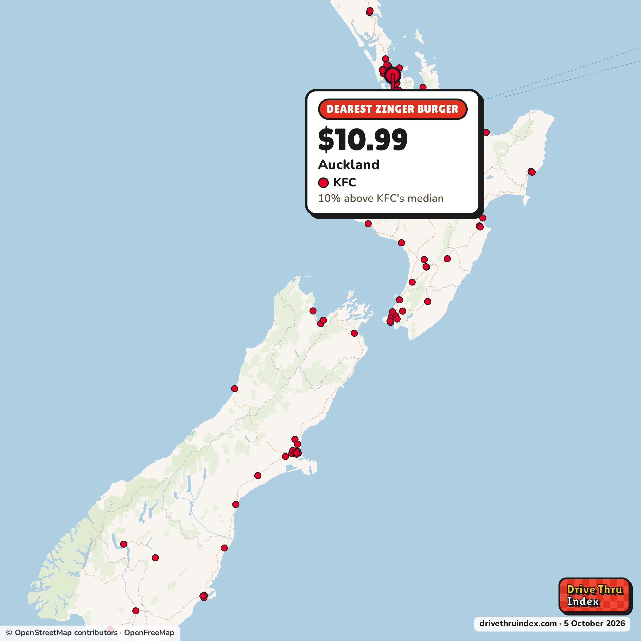Map of New Zealand marking each chain's dearest restaurant: KFC Zinger Burger, $10.99 in Auckland, Auckland, 10% above its median.
