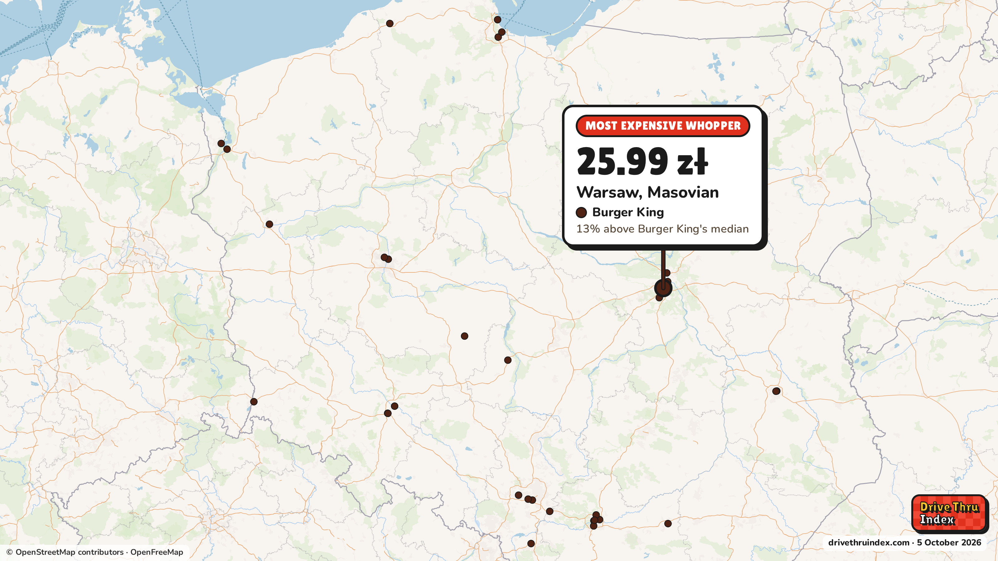Map of Poland marking each chain's most expensive restaurant: Burger King Whopper, 25.99 zł in Warsaw, Masovian, 13% above its median.