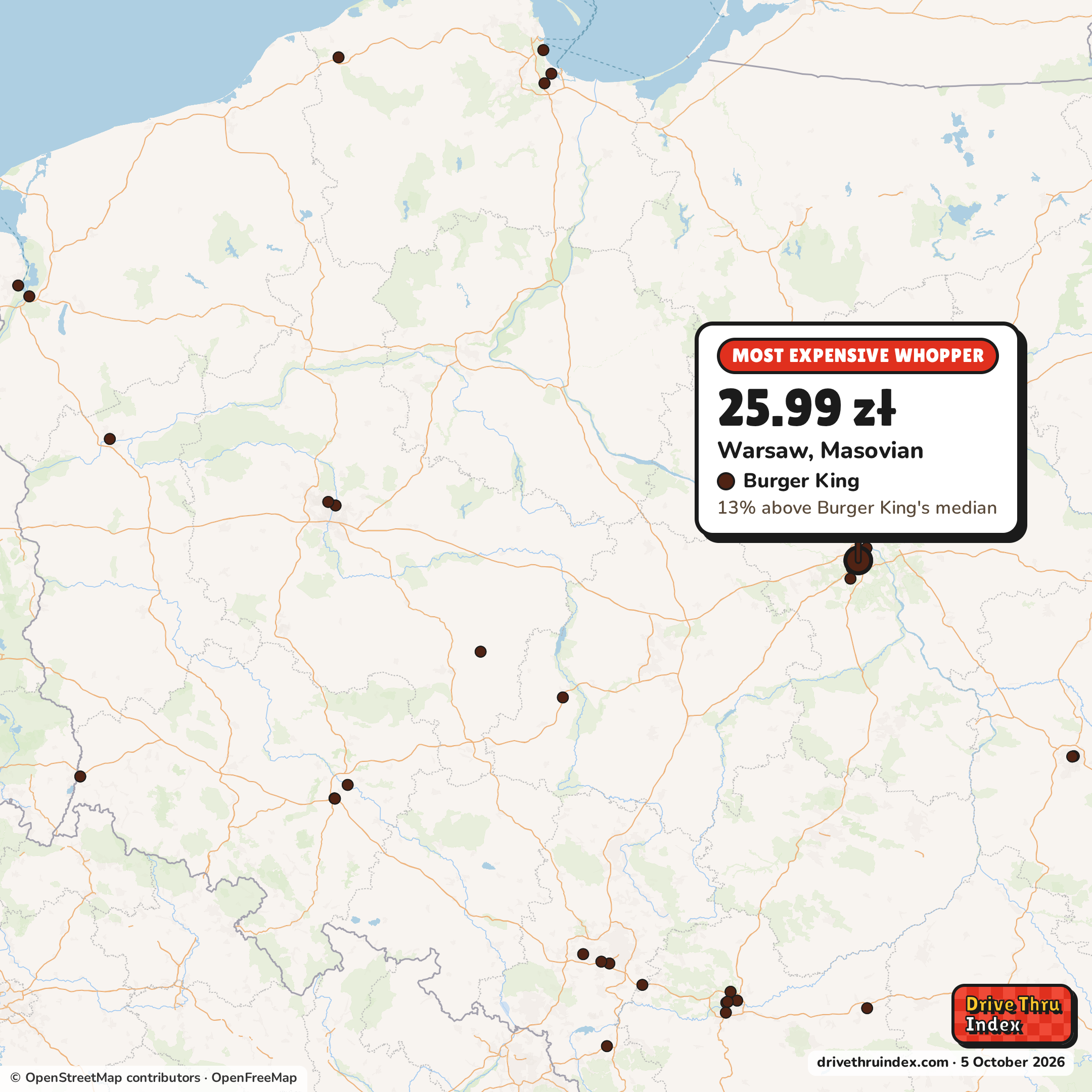 Map of Poland marking each chain's most expensive restaurant: Burger King Whopper, 25.99 zł in Warsaw, Masovian, 13% above its median.