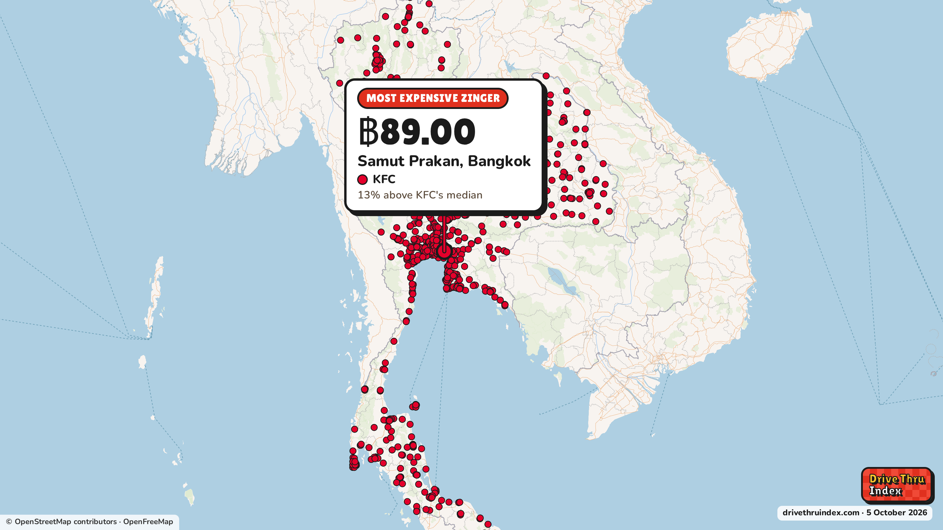 Map of Thailand marking each chain's most expensive restaurant: KFC Zinger, ฿89.00 in Samut Prakan, Bangkok, 13% above its median.