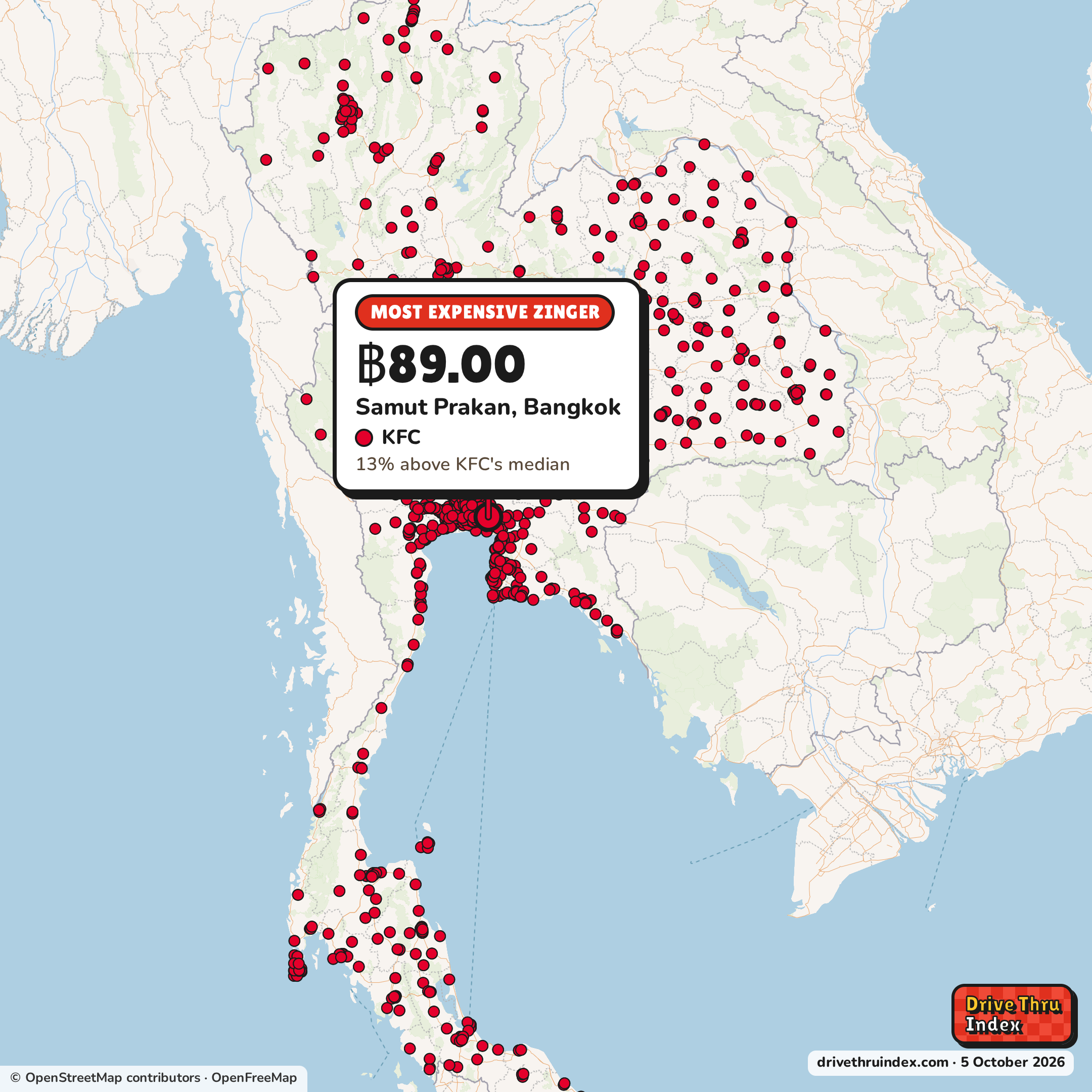 Map of Thailand marking each chain's most expensive restaurant: KFC Zinger, ฿89.00 in Samut Prakan, Bangkok, 13% above its median.