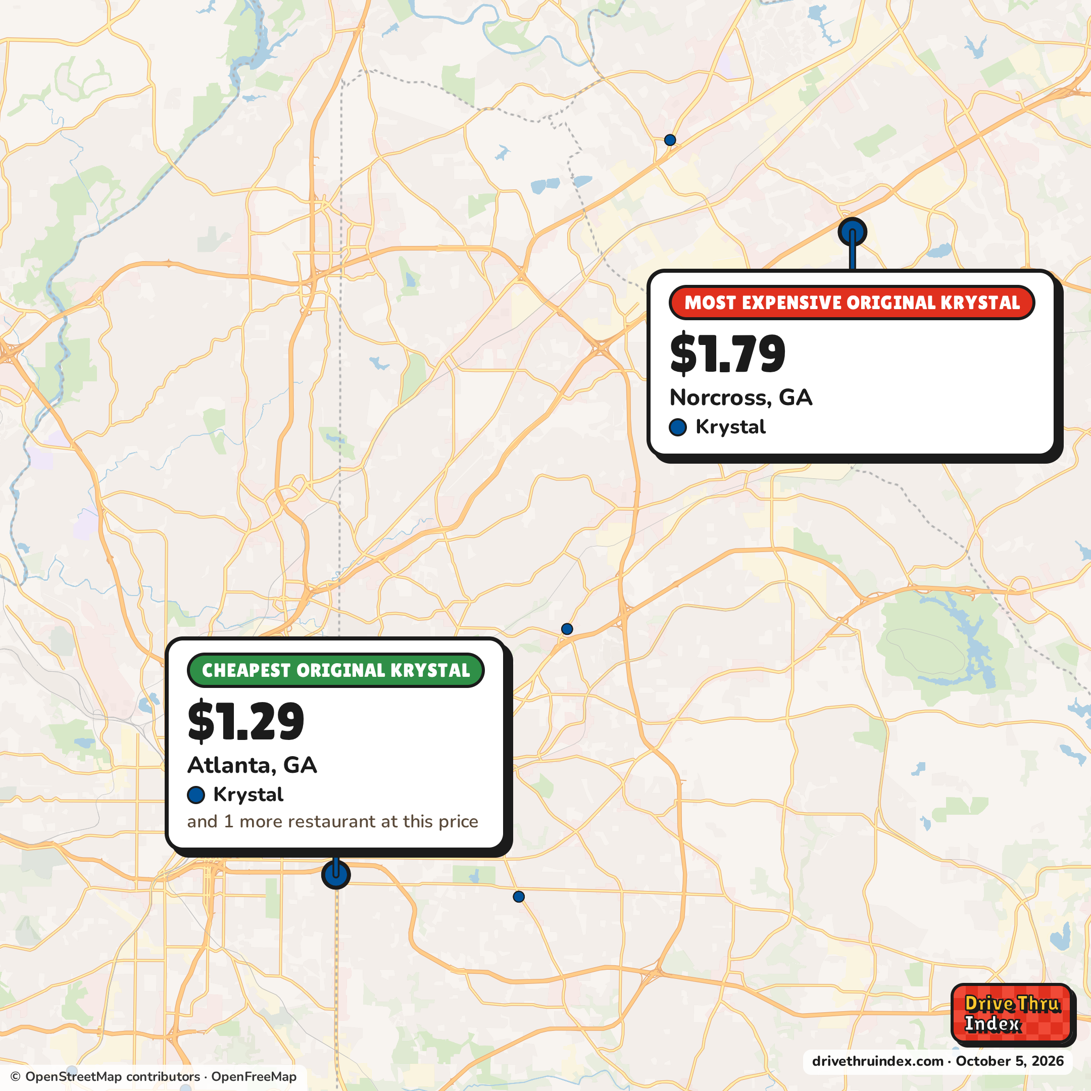 Map of the Atlanta area marking the cheapest Krystal Original Krystal ($1.29 in Atlanta, GA) and the most expensive ($1.79 in Norcross, GA).