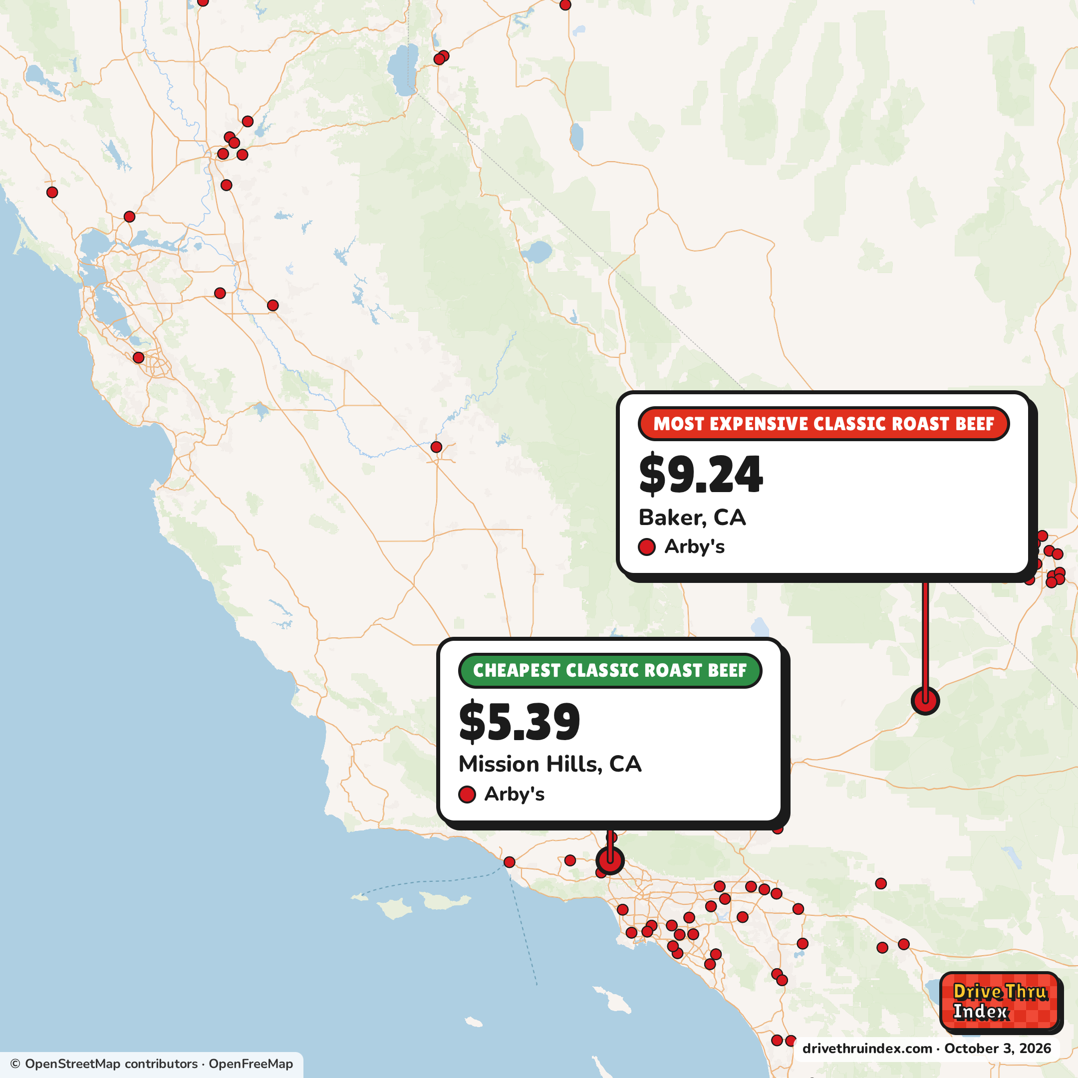 Map of California marking the cheapest Arby's Classic Roast Beef ($5.39 in Mission Hills, CA) and the most expensive ($9.24 in Baker, CA).