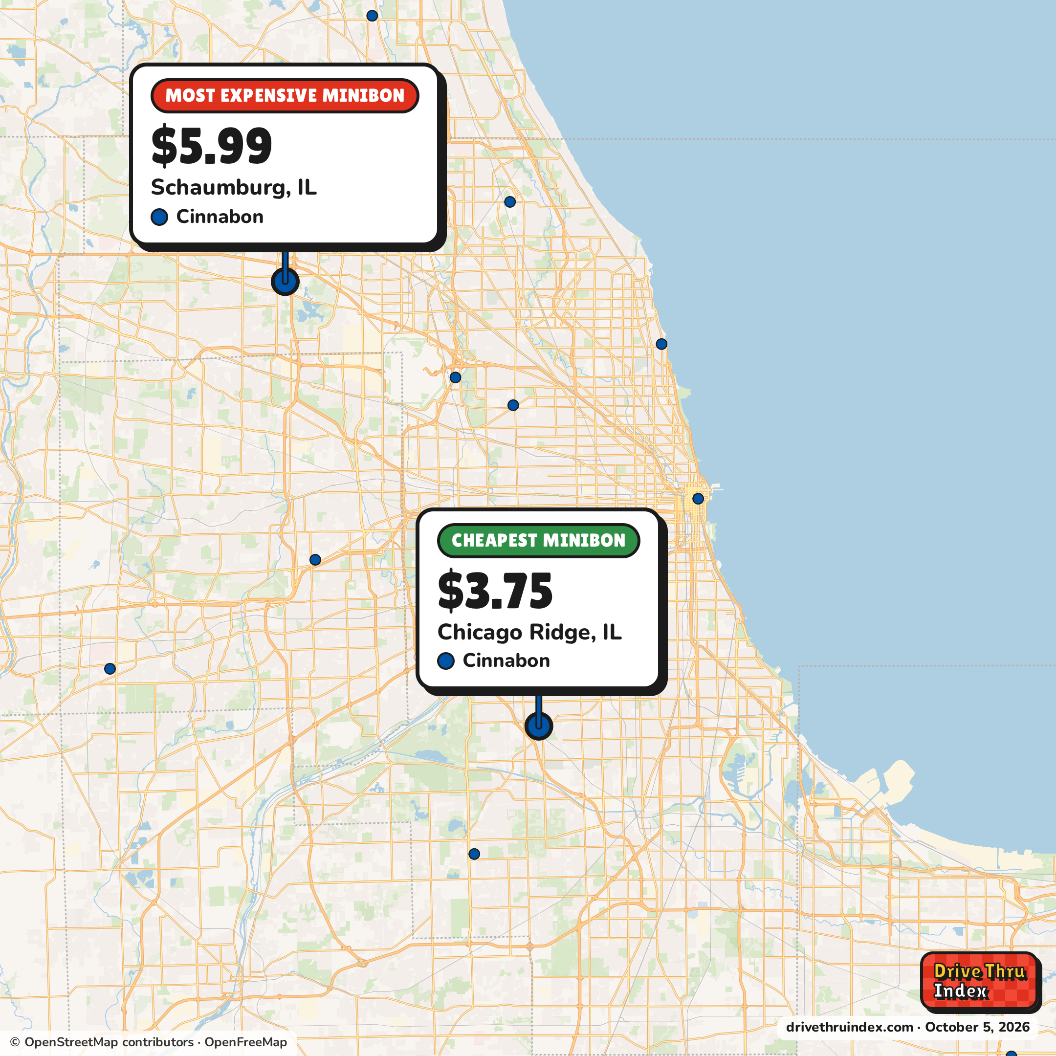Map of the Chicago area marking the cheapest Cinnabon MiniBon ($3.75 in Chicago Ridge, IL) and the most expensive ($5.99 in Schaumburg, IL).
