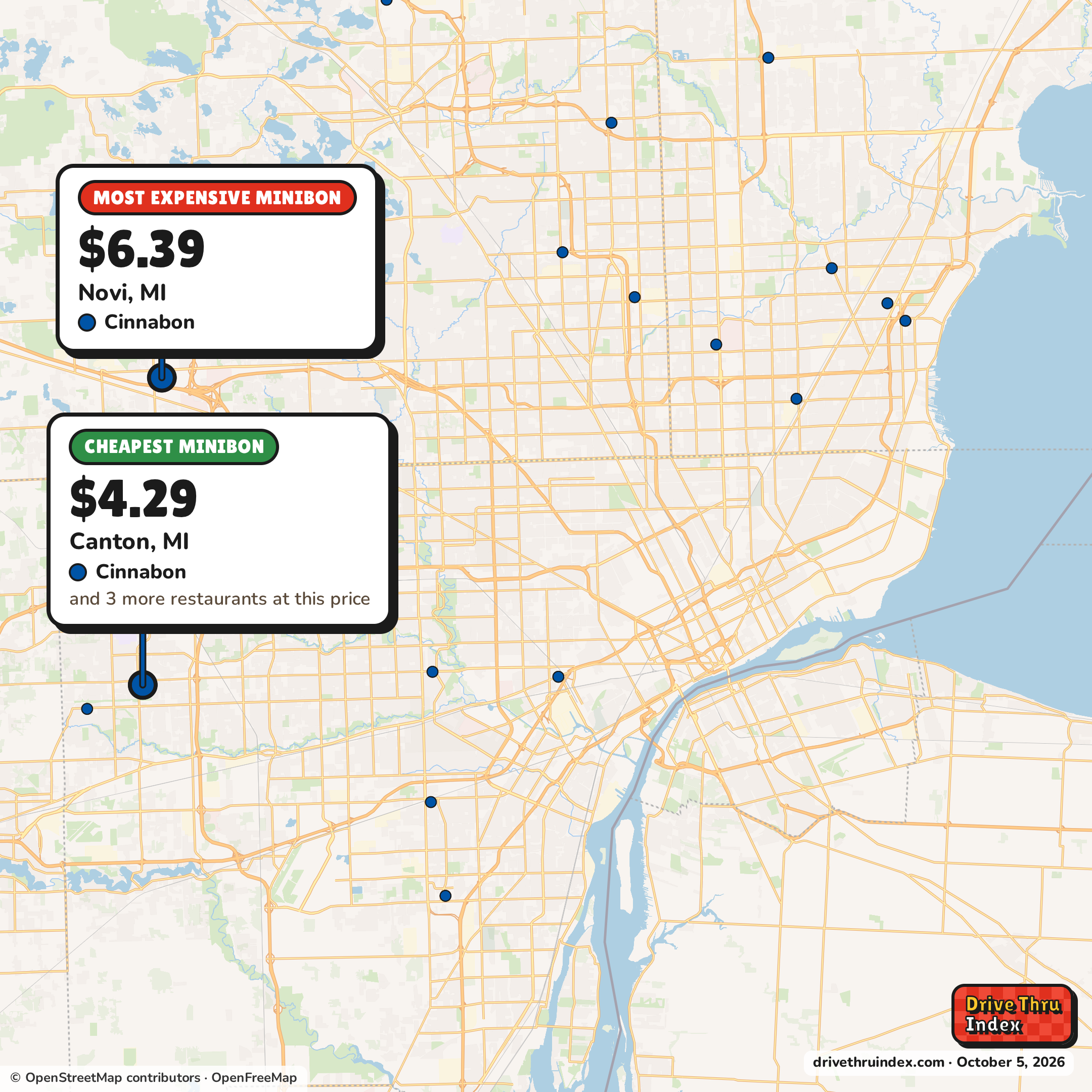 Map of the Detroit area marking the cheapest Cinnabon MiniBon ($4.29 in Canton, MI) and the most expensive ($6.39 in Novi, MI).