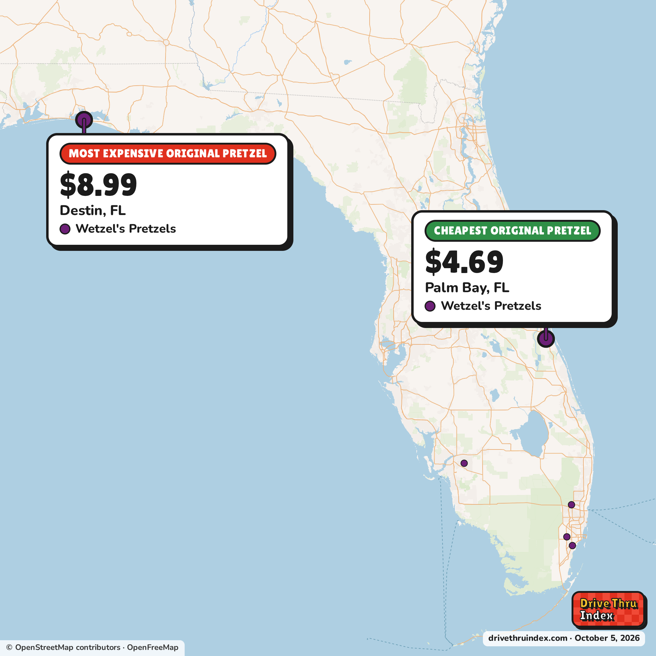 Map of Florida marking the cheapest McDonald's Big Mac ($4.29 in Vero Beach, FL) and the most expensive ($7.39 in Miami Beach, FL).
