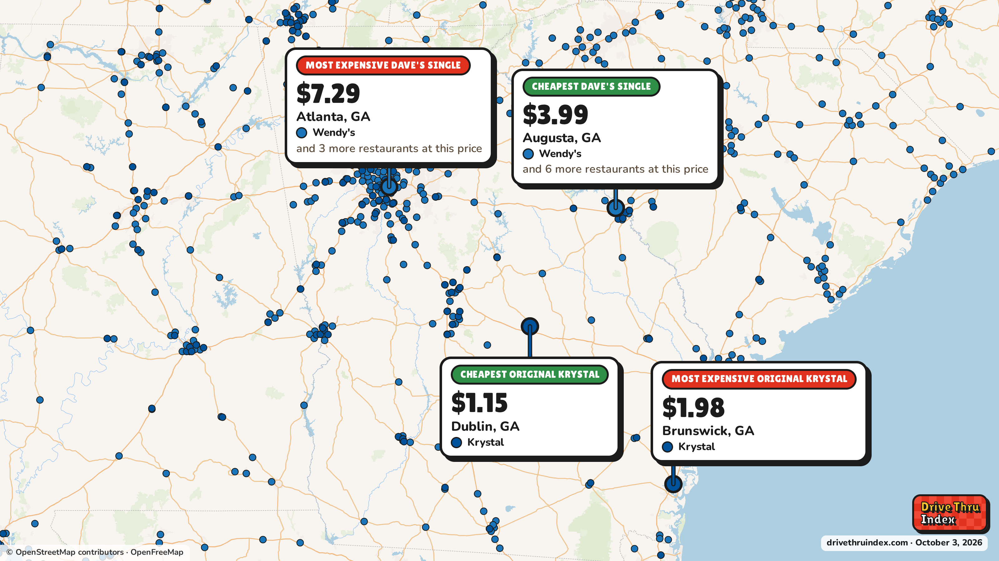 Map of Georgia marking the cheapest and most expensive restaurant of each chain. Wendy's Dave's Single: $3.99 in Augusta, GA, $7.29 in Atlanta, GA; Krystal Original Krystal: $1.15 in Dublin, GA, $1.98 in Brunswick, GA.