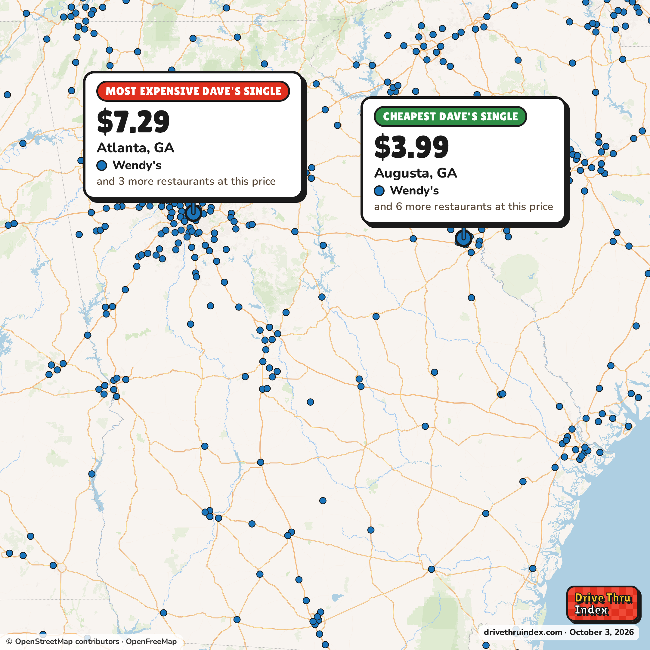 Map of Georgia marking the cheapest Wendy's Dave's Single ($3.99 in Augusta, GA) and the most expensive ($7.29 in Atlanta, GA).