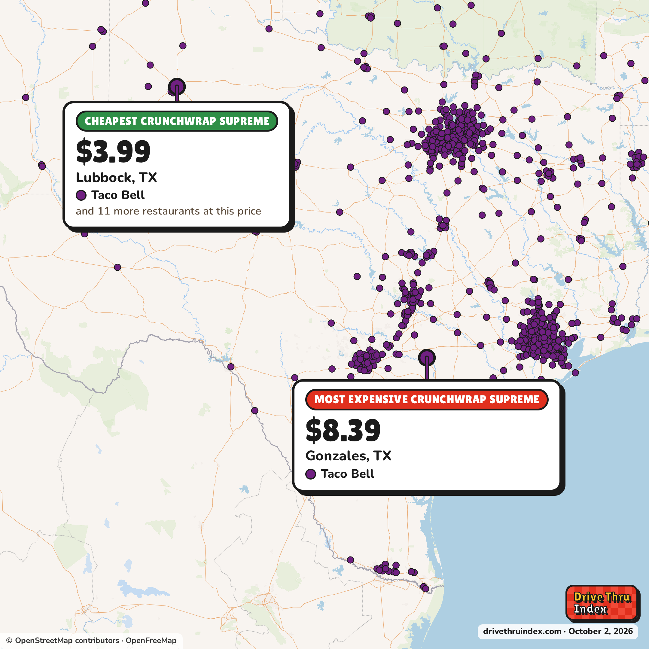 Map of Texas marking the cheapest Taco Bell Crunchwrap Supreme ($3.99 in Lubbock, TX) and the most expensive ($8.39 in Gonzales, TX).