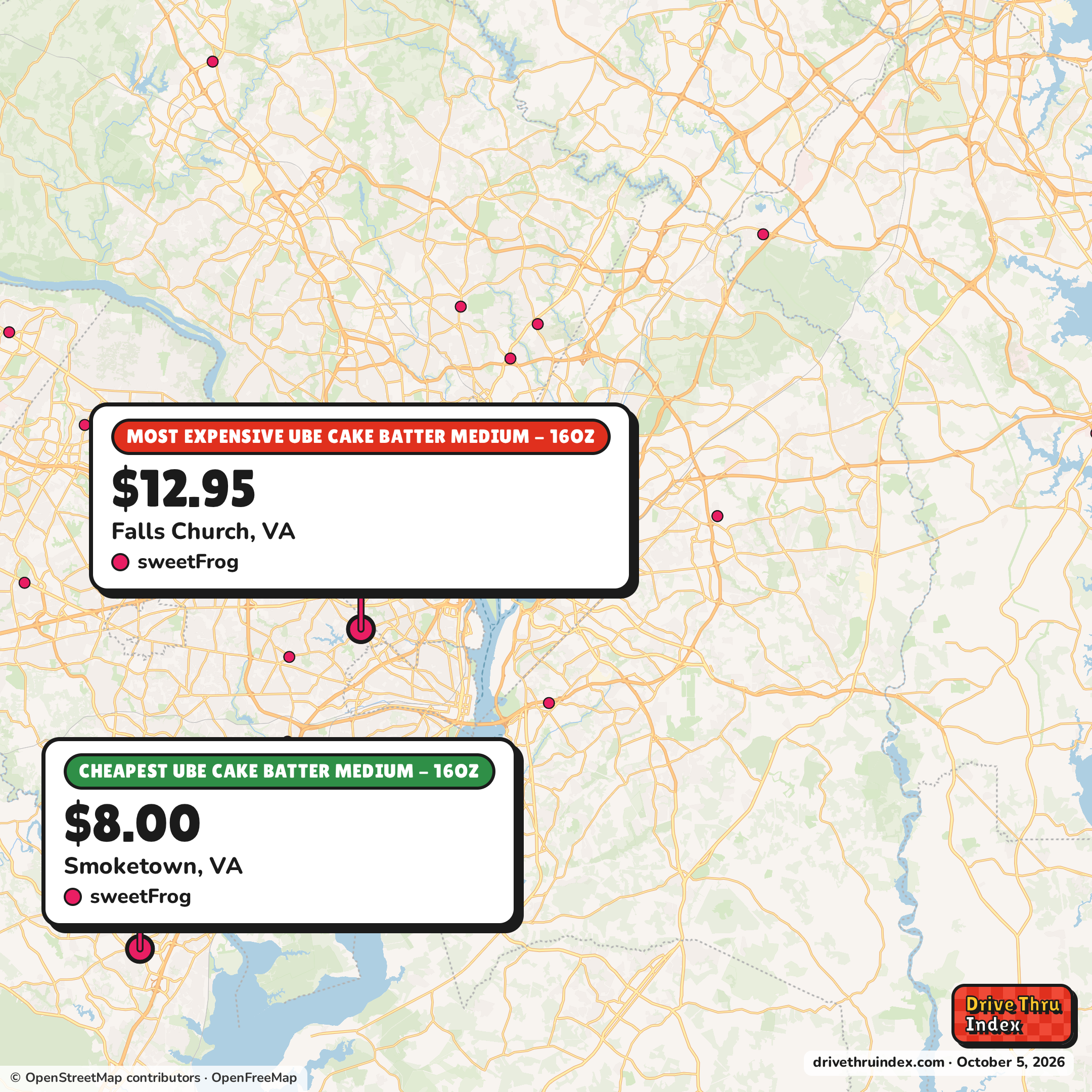 Map of the Washington, DC area marking the cheapest sweetFrog Ube Cake Batter Medium - 16oz ($8.00 in Smoketown, VA) and the most expensive ($12.95 in Falls Church, VA).