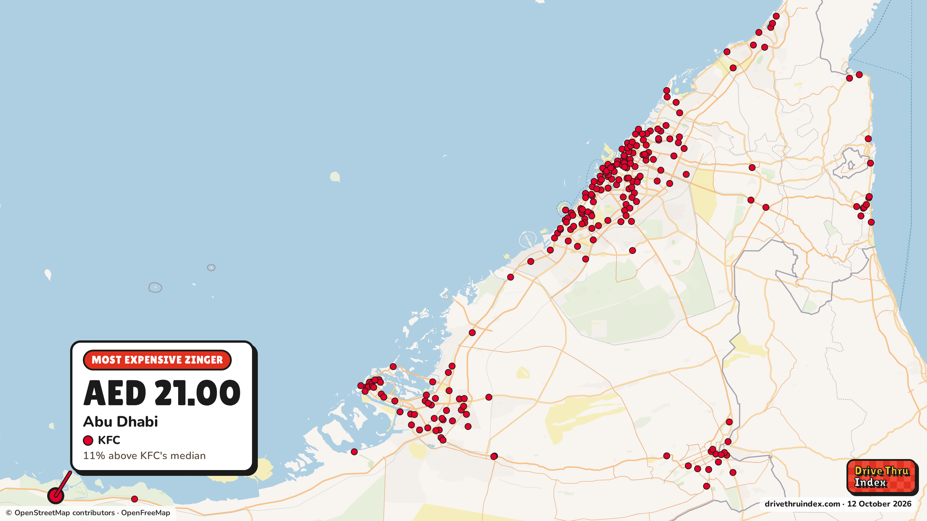 Map of the UAE marking each chain's most expensive restaurant: KFC Zinger, AED 21.00 in Abu Dhabi, Abu Dhabi, 11% above its median.