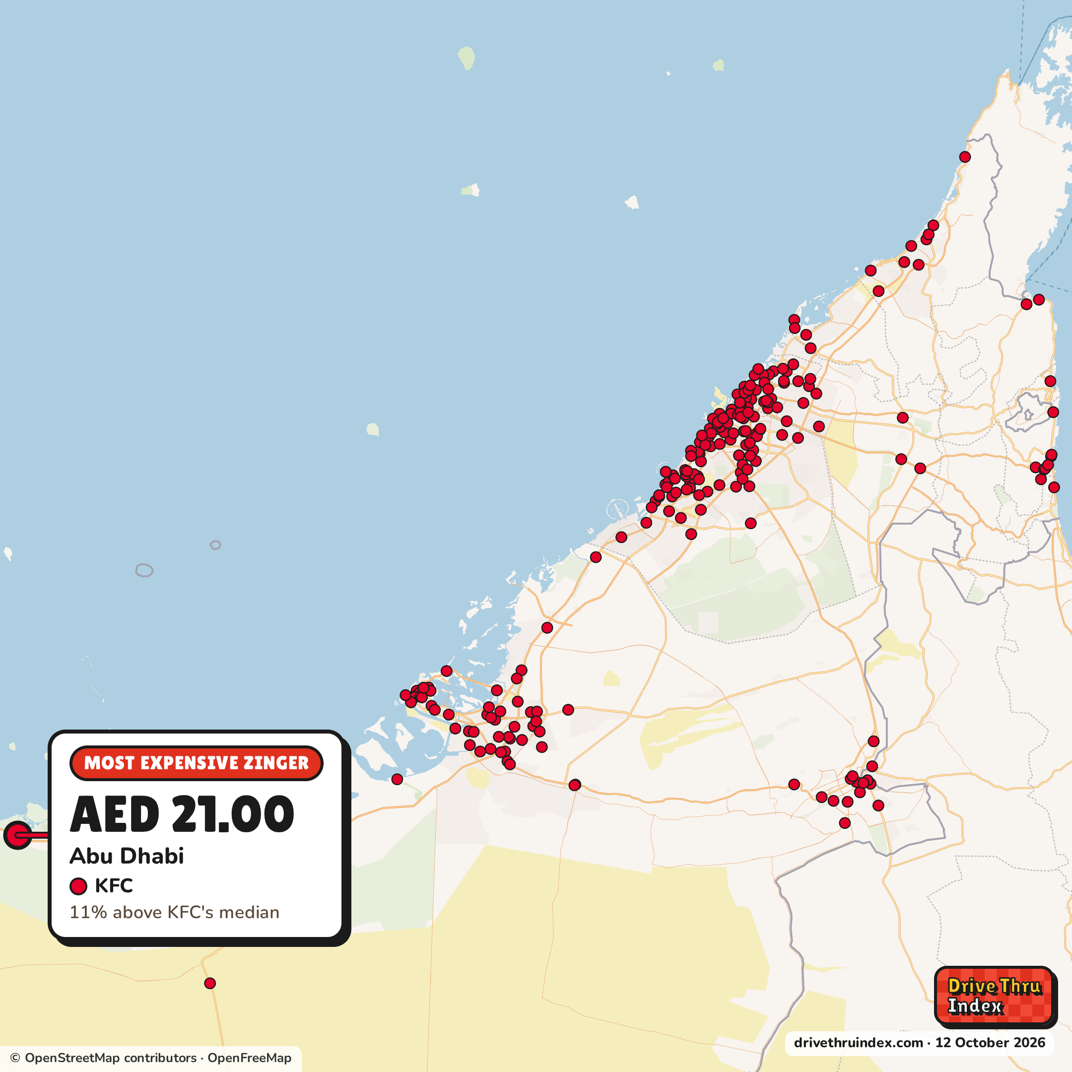 Map of the UAE marking each chain's most expensive restaurant: KFC Zinger, AED 21.00 in Abu Dhabi, Abu Dhabi, 11% above its median.