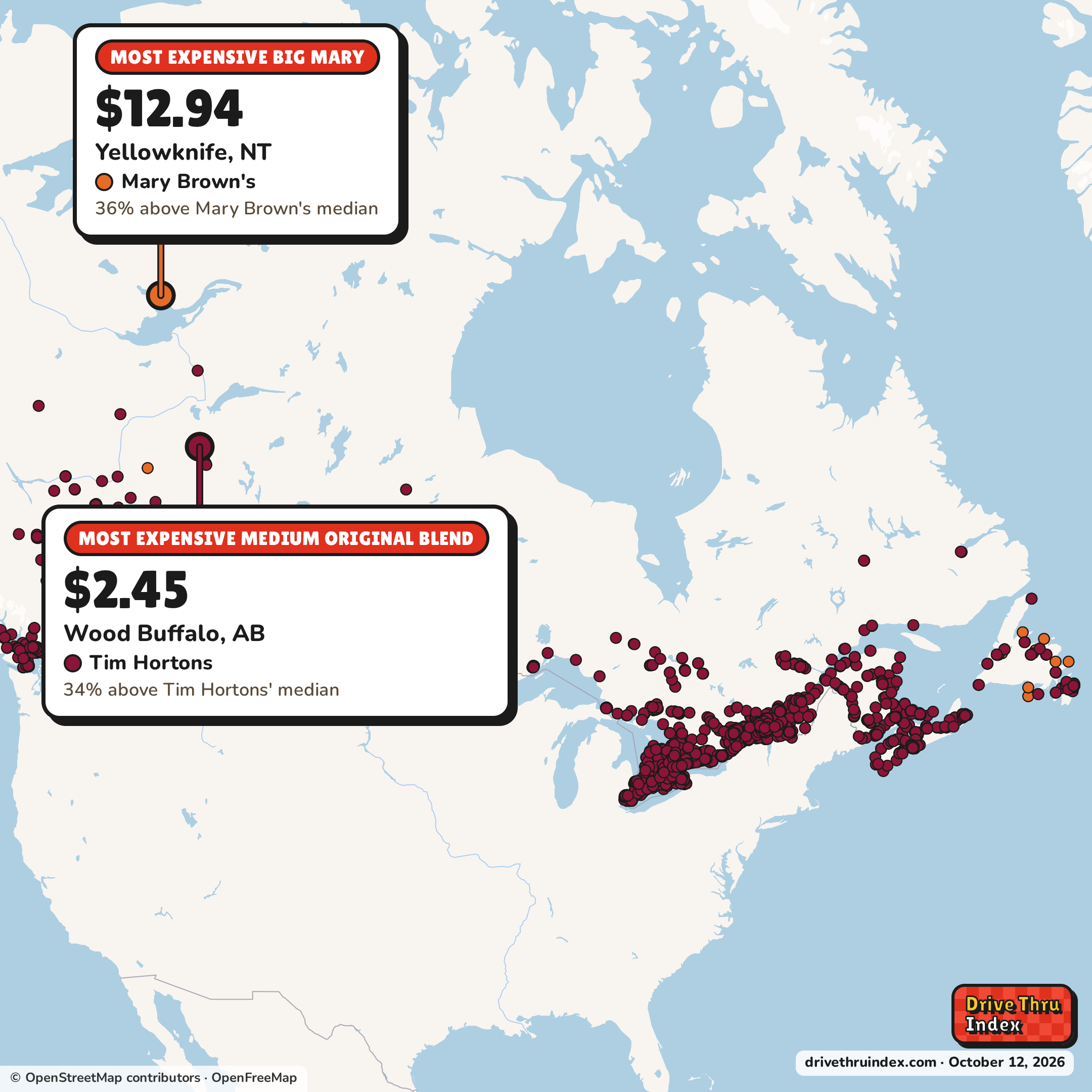 Map of Canada marking each chain's most expensive restaurant: Mary Brown's Big Mary, $12.94 in Yellowknife, NT, 36% above its median; Tim Hortons Medium Original Blend, $2.45 in Wood Buffalo, AB, 34% above its median; Burger King Whopper, $9.99 in Mont-Laurier, QC, 25% above its median; Taco Bell Crunchwrap Supreme, $9.99 in Brantford, ON, 25% above its median.