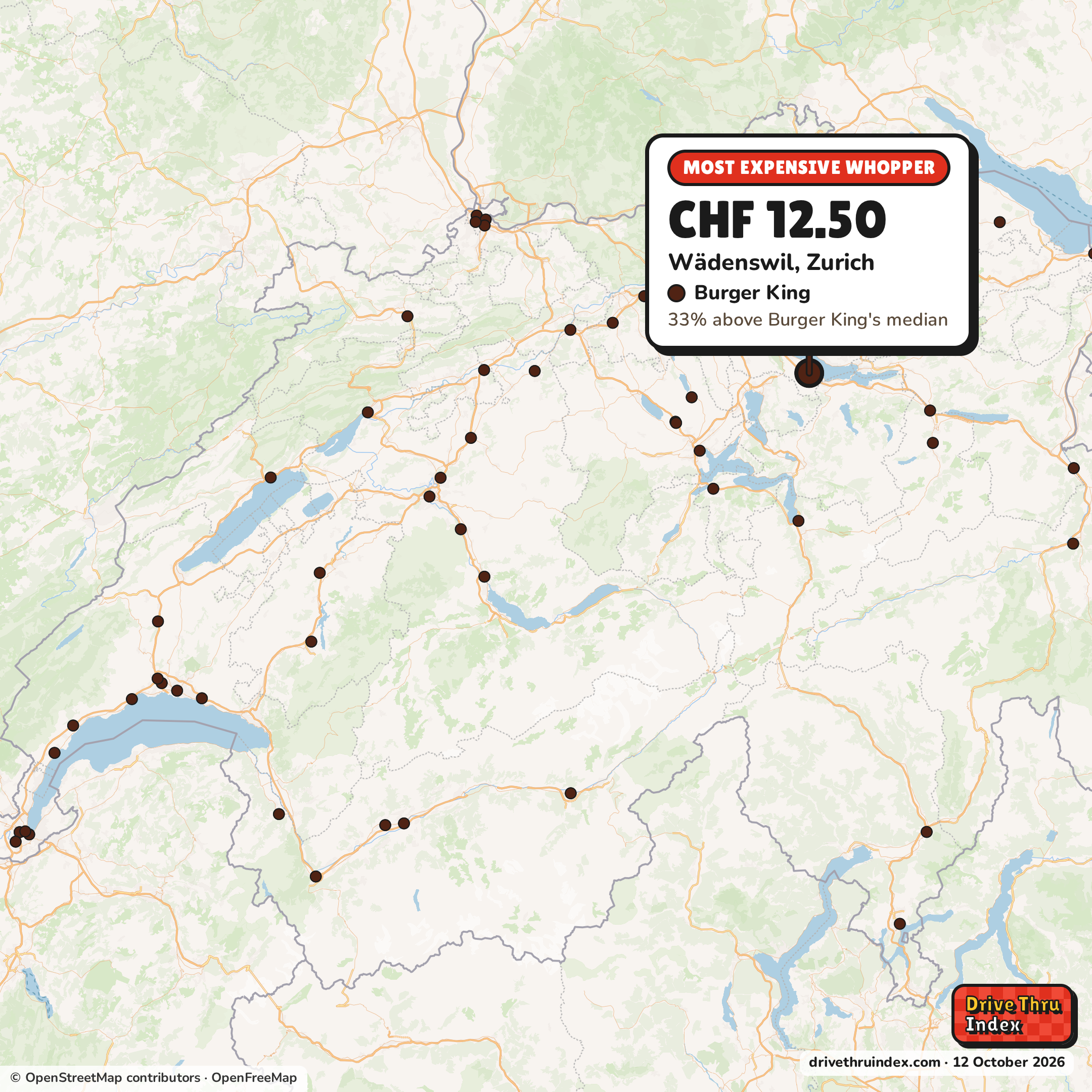 Map of Switzerland marking each chain's most expensive restaurant: Burger King Whopper, CHF 12.50 in Wädenswil, Zurich, 33% above its median.