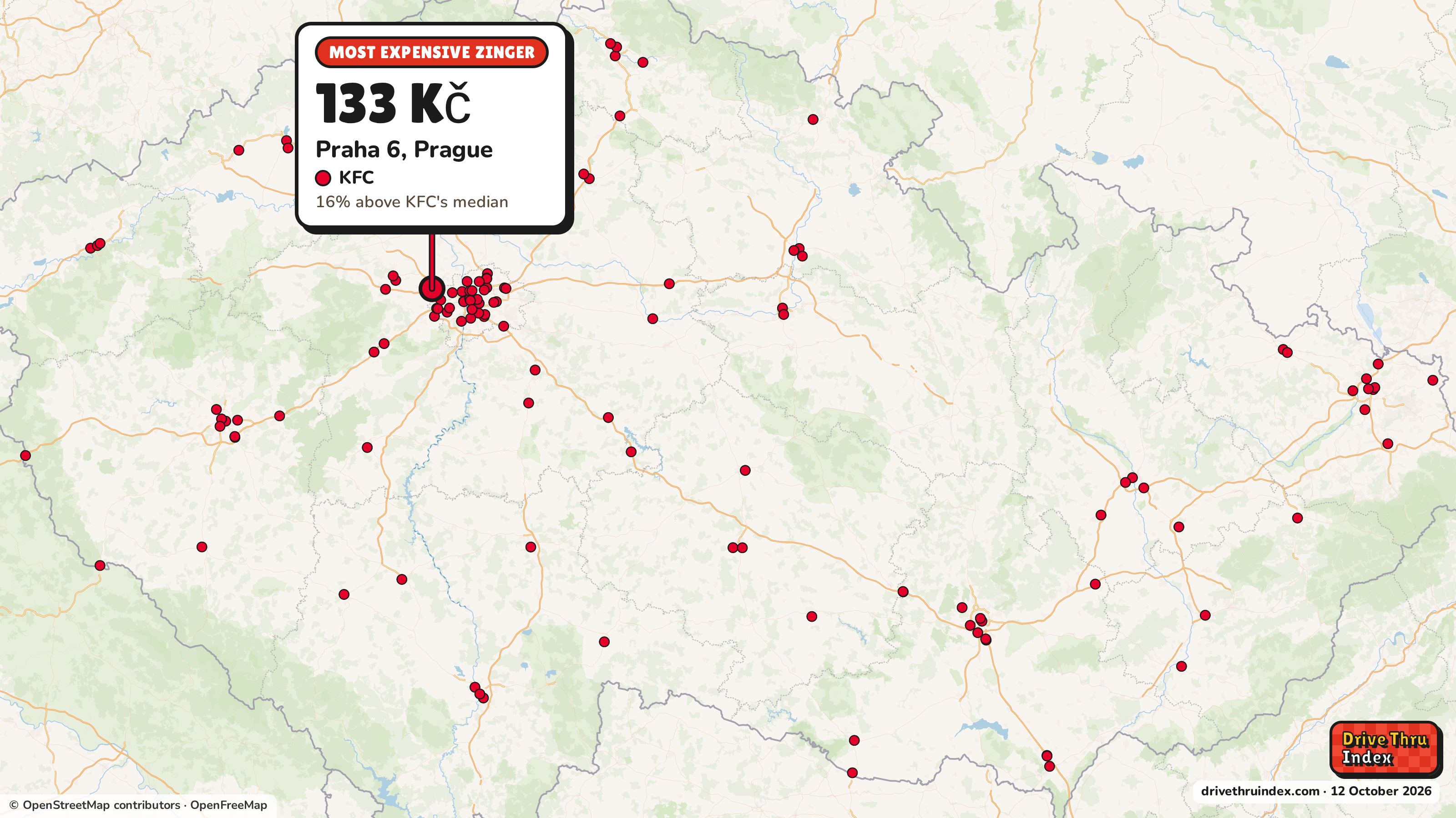 Map of Czechia marking each chain's most expensive restaurant: KFC Zinger, 133 Kč in Praha 6, Prague, 16% above its median.