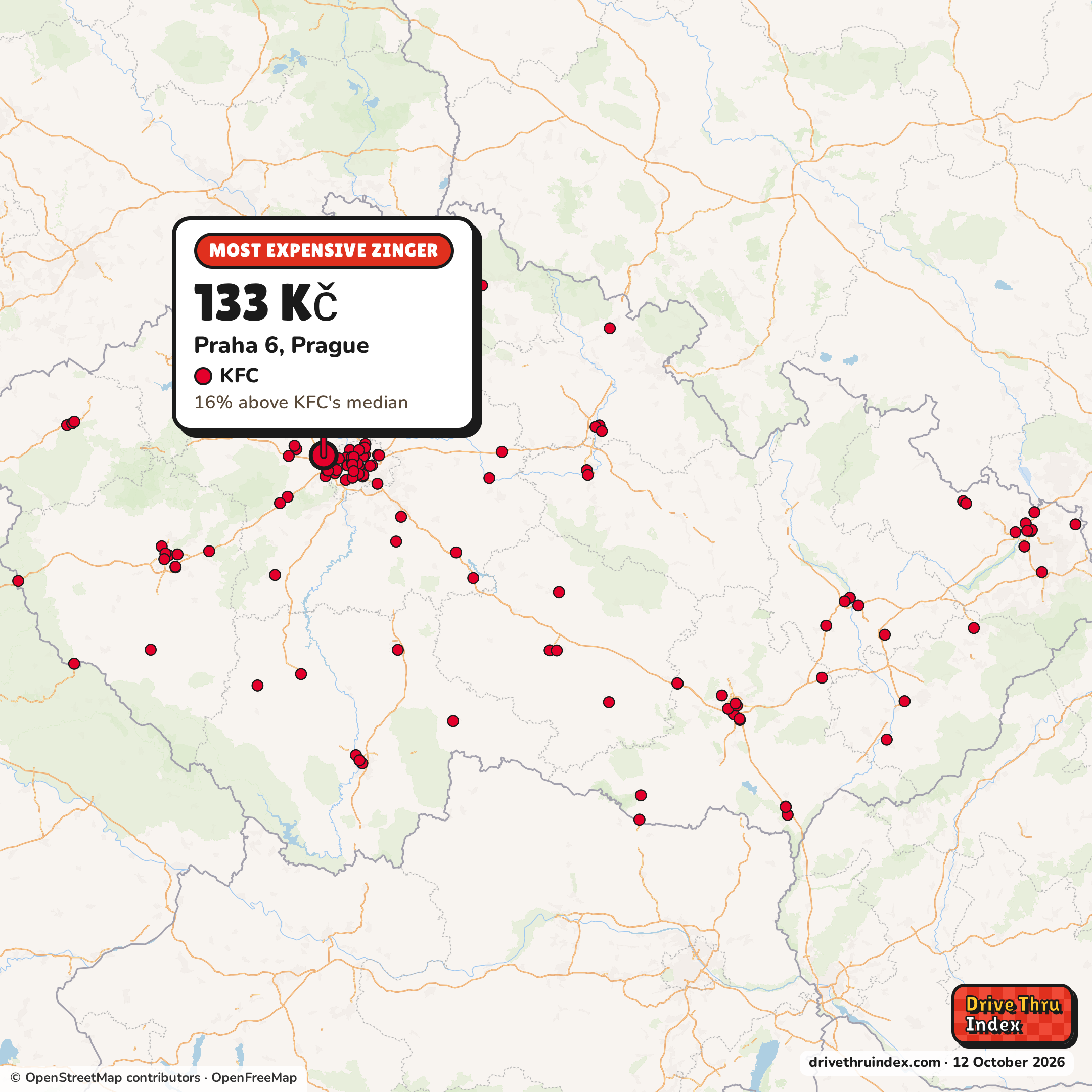 Map of Czechia marking each chain's most expensive restaurant: KFC Zinger, 133 Kč in Praha 6, Prague, 16% above its median.