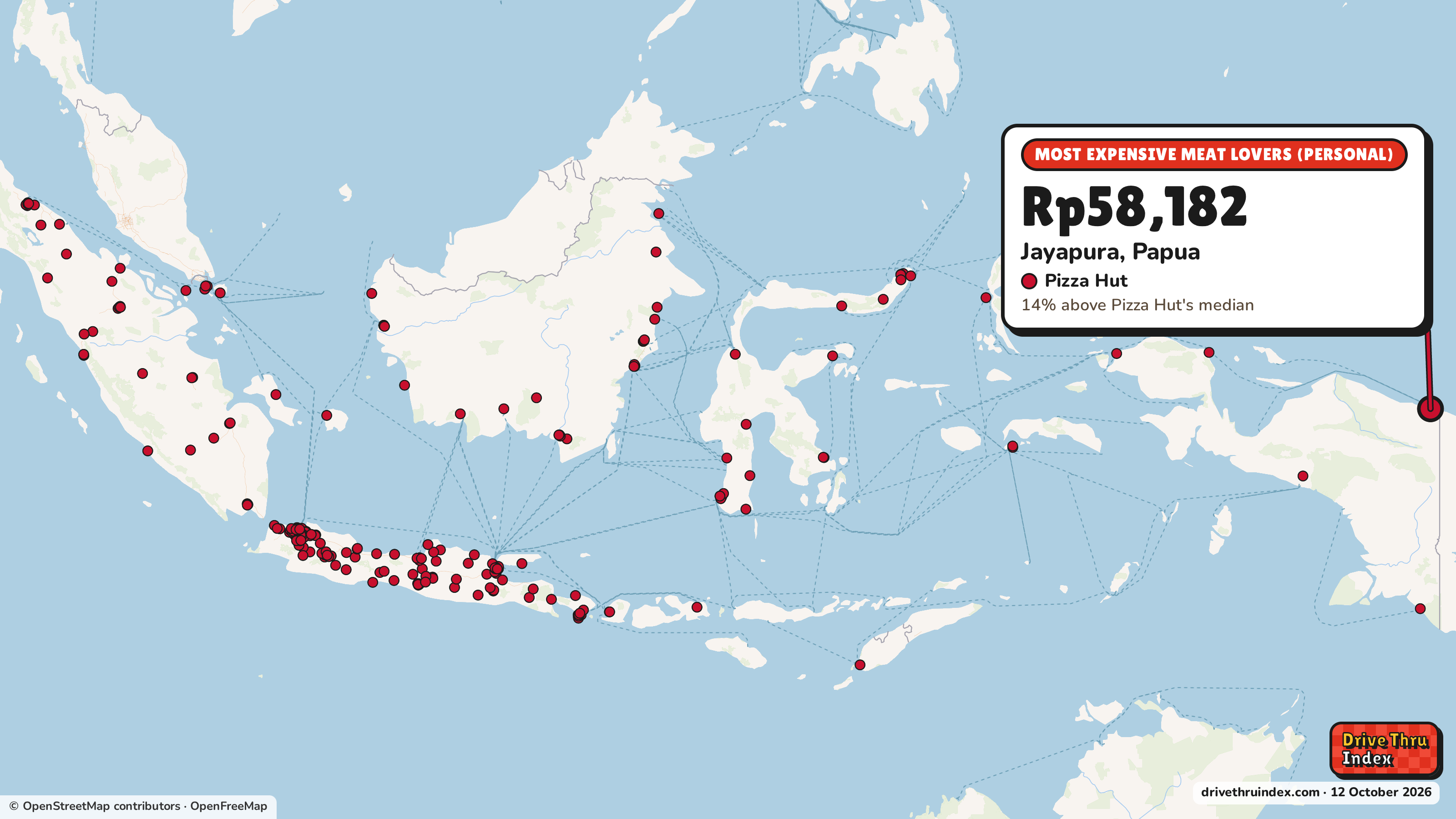Map of Indonesia marking each chain's most expensive restaurant: Pizza Hut Meat Lovers (personal), Rp58,182 in Jayapura, Papua, 14% above its median.