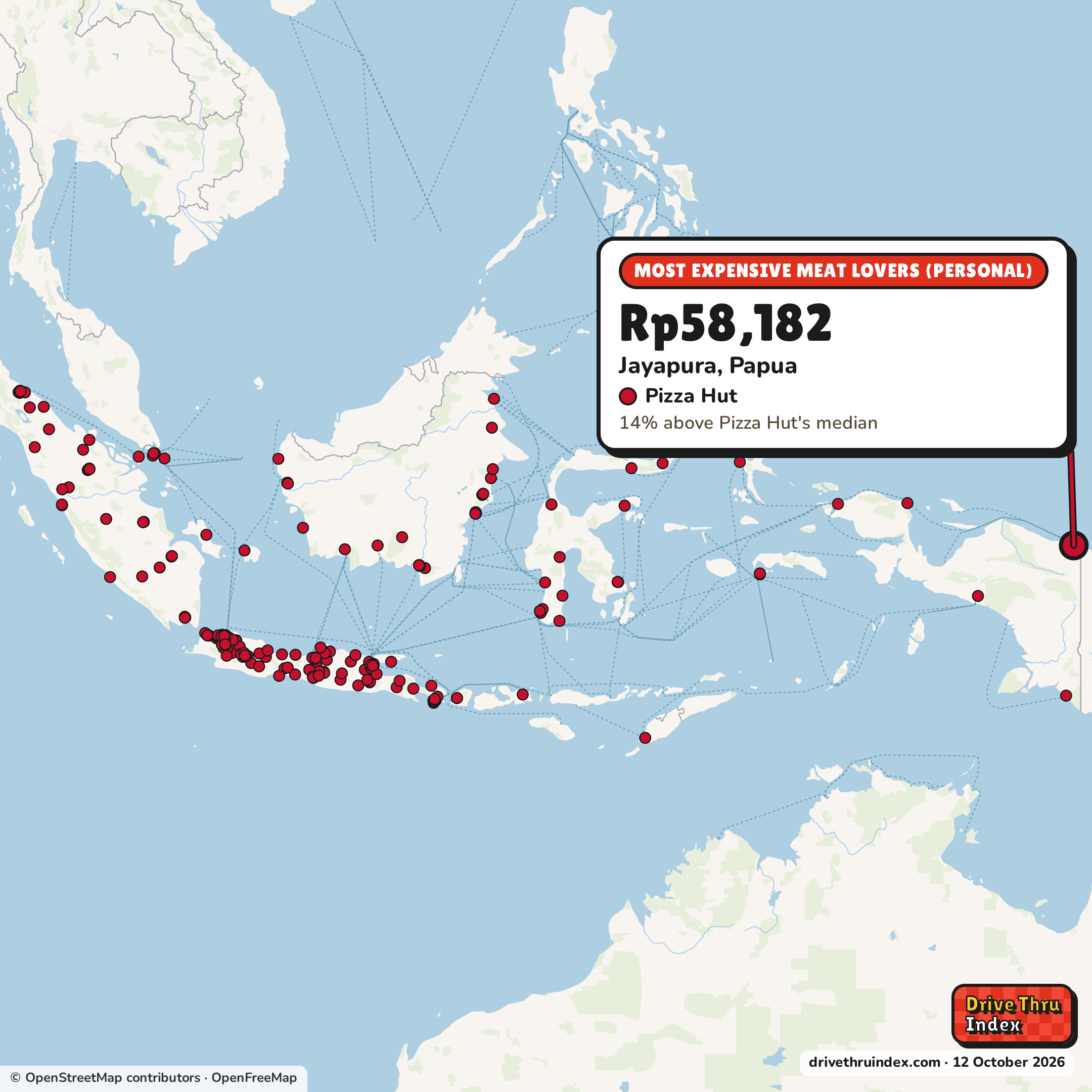 Map of Indonesia marking each chain's most expensive restaurant: Pizza Hut Meat Lovers (personal), Rp58,182 in Jayapura, Papua, 14% above its median.