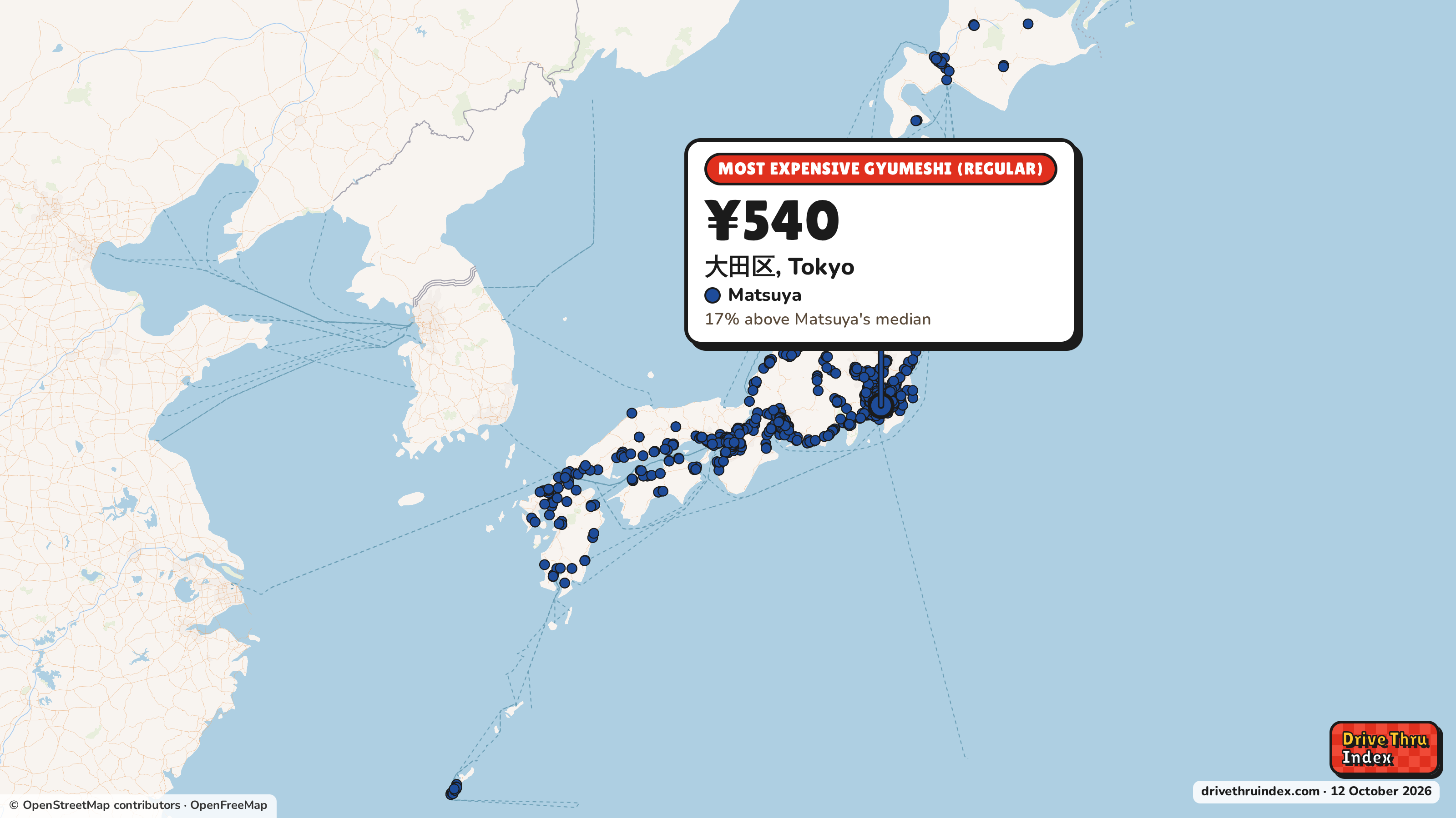 Map of Japan marking each chain's most expensive restaurant: Matsuya Gyumeshi (regular), ¥540 in 大田区, Tokyo, 17% above its median.