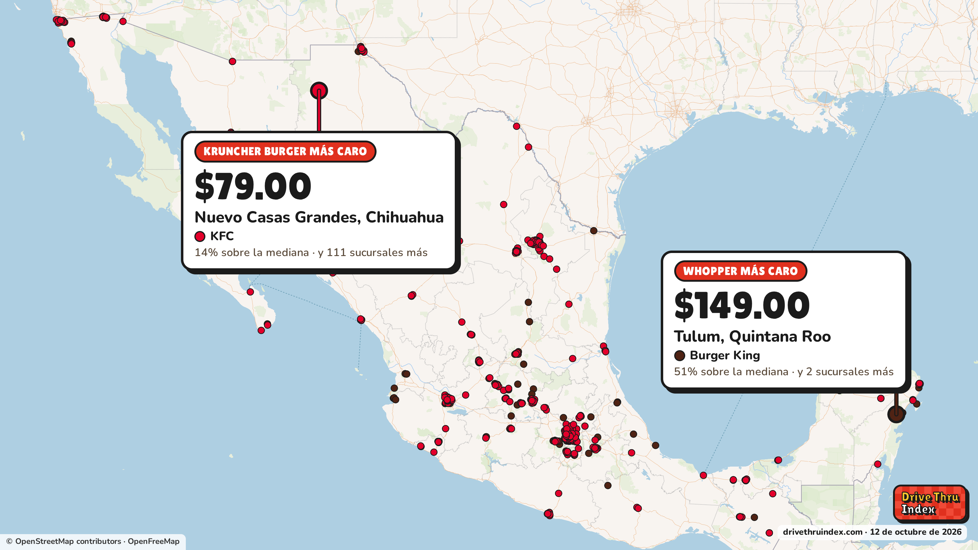 Mapa de México con el restaurante más caro de cada cadena: Burger King Whopper, $149.00 en 3 sucursales de Burger King, entre ellas la de Tulum, Quintana Roo; KFC Kruncher Burger, $79.00 en 112 sucursales de KFC, entre ellas la de Nuevo Casas Grandes, Chihuahua.