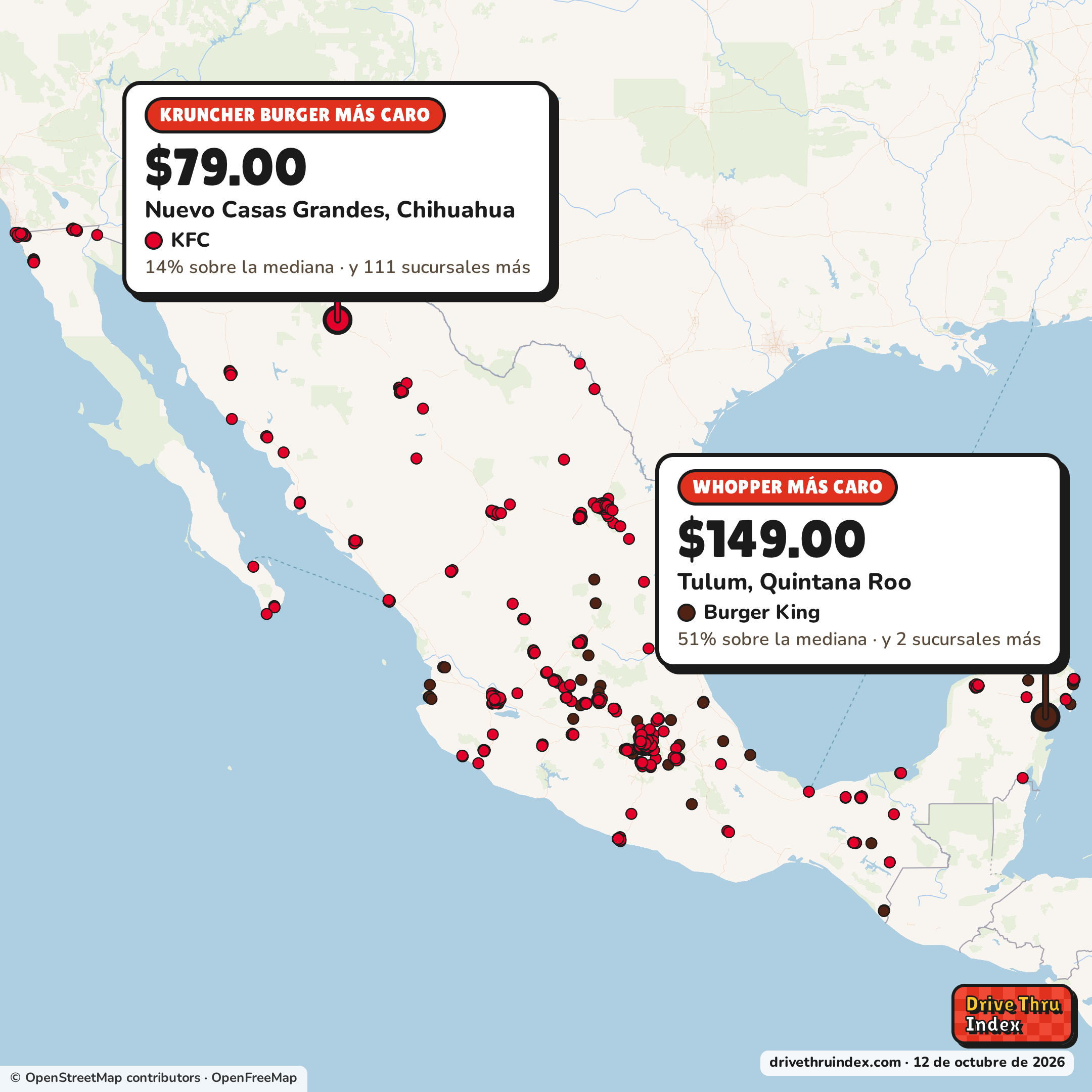 Mapa de México con el restaurante más caro de cada cadena: Burger King Whopper, $149.00 en 3 sucursales de Burger King, entre ellas la de Tulum, Quintana Roo; KFC Kruncher Burger, $79.00 en 112 sucursales de KFC, entre ellas la de Nuevo Casas Grandes, Chihuahua.