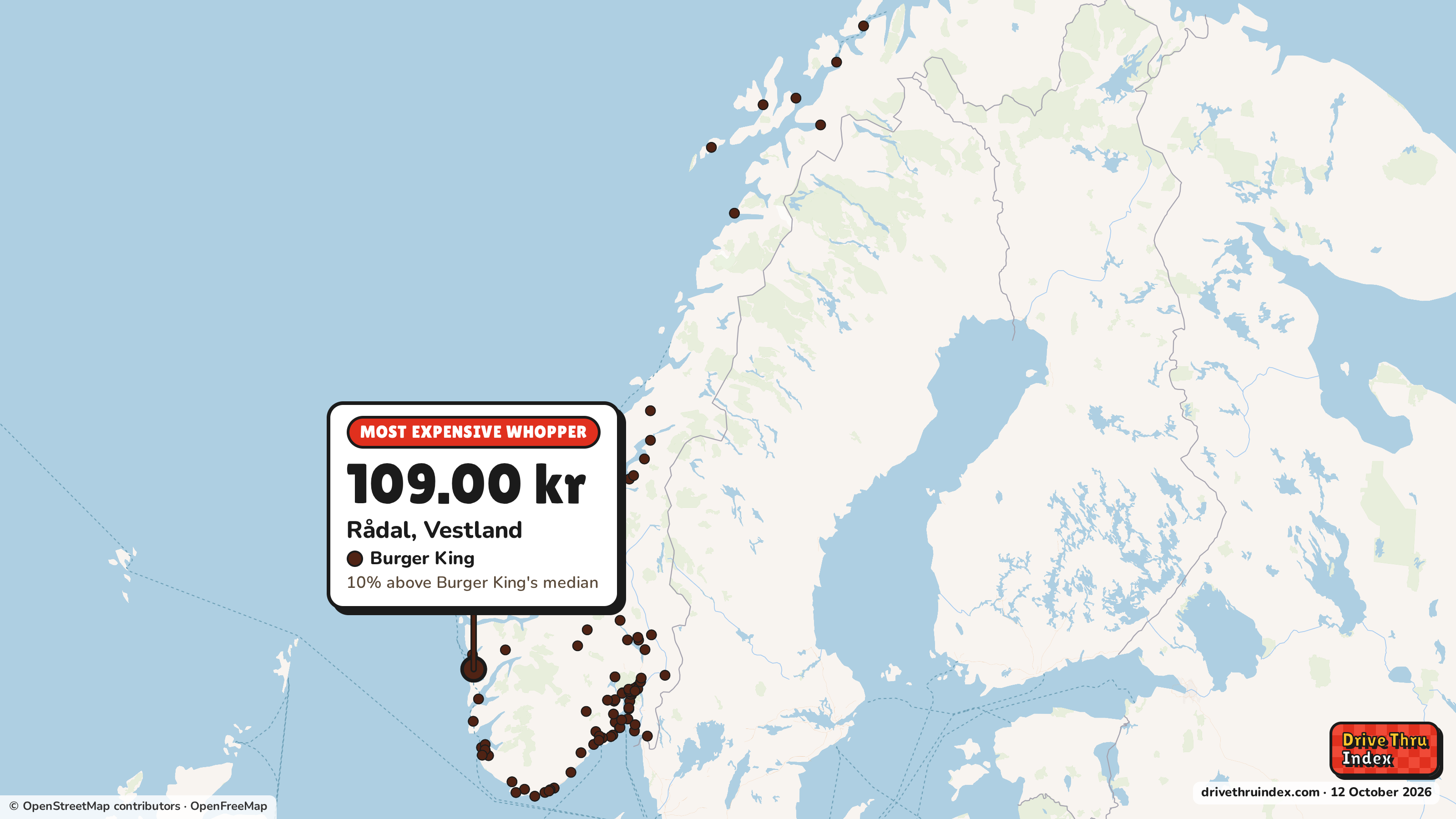 Map of Norway marking each chain's most expensive restaurant: Burger King Whopper, 109.00 kr in Rådal, Vestland, 10% above its median.