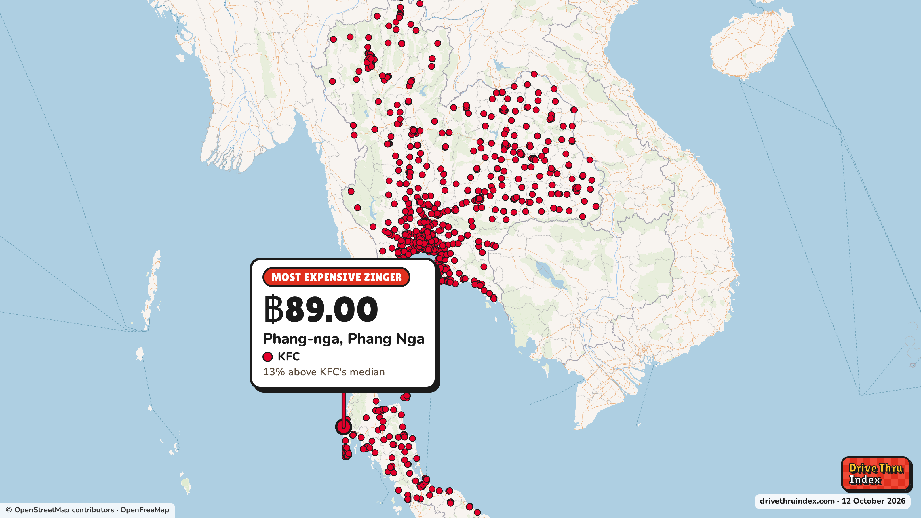 Map of Thailand marking each chain's most expensive restaurant: KFC Zinger, ฿89.00 in Phang-nga, Phang Nga, 13% above its median.