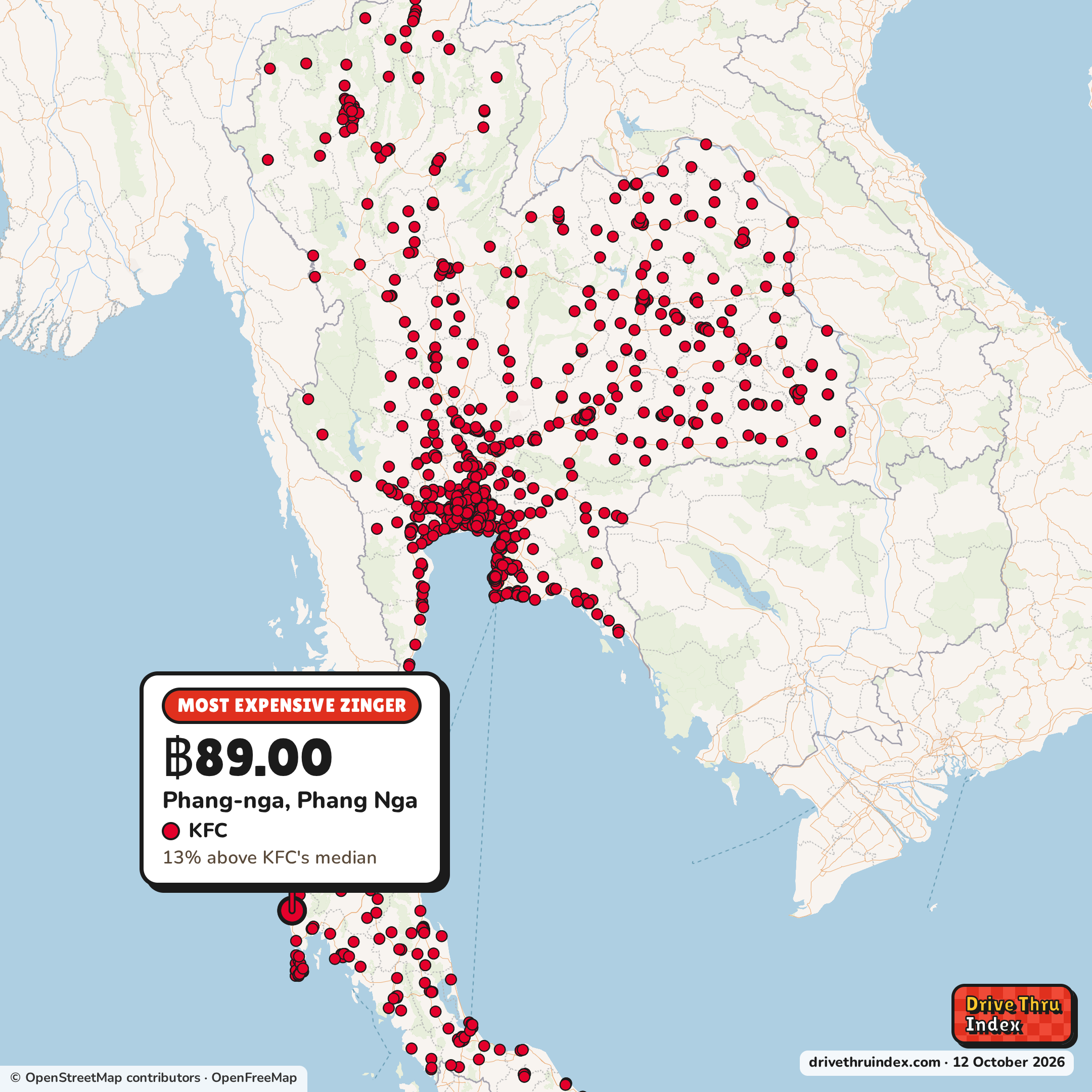 Map of Thailand marking each chain's most expensive restaurant: KFC Zinger, ฿89.00 in Phang-nga, Phang Nga, 13% above its median.