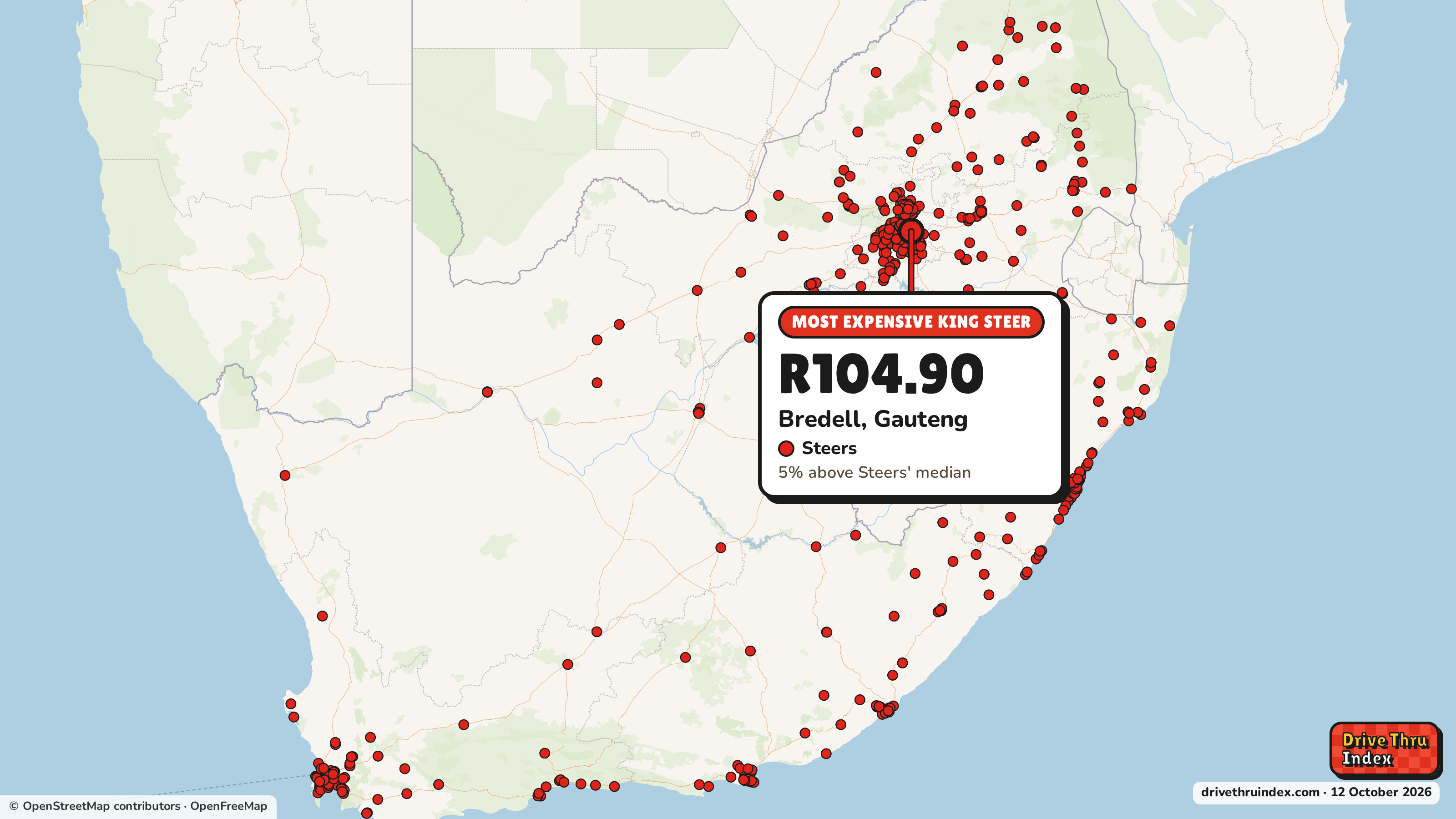 Map of South Africa marking each chain's most expensive restaurant: Steers King Steer, R104.90 in Bredell, Gauteng, 5% above its median.
