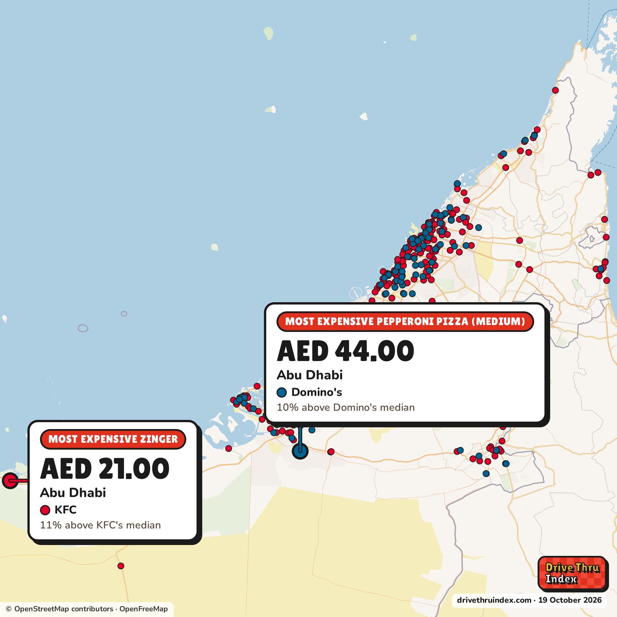 Map of the UAE marking each chain's most expensive restaurant: KFC Zinger, AED 21.00 in Abu Dhabi, Abu Dhabi, 11% above its median; Domino's Pepperoni pizza (medium), AED 44.00 in Abu Dhabi, Abu Dhabi, 10% above its median.