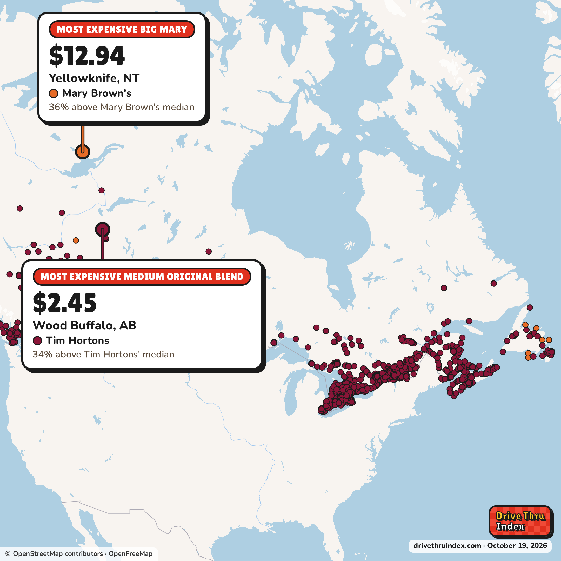 Map of Canada marking each chain's most expensive restaurant: Mary Brown's Big Mary, $12.94 in Yellowknife, NT, 36% above its median; Tim Hortons Medium Original Blend, $2.45 in Wood Buffalo, AB, 34% above its median; Burger King Whopper, $9.99 in Mont-Laurier, QC, 25% above its median; Taco Bell Crunchwrap Supreme, $9.99 in Brantford, ON, 25% above its median.