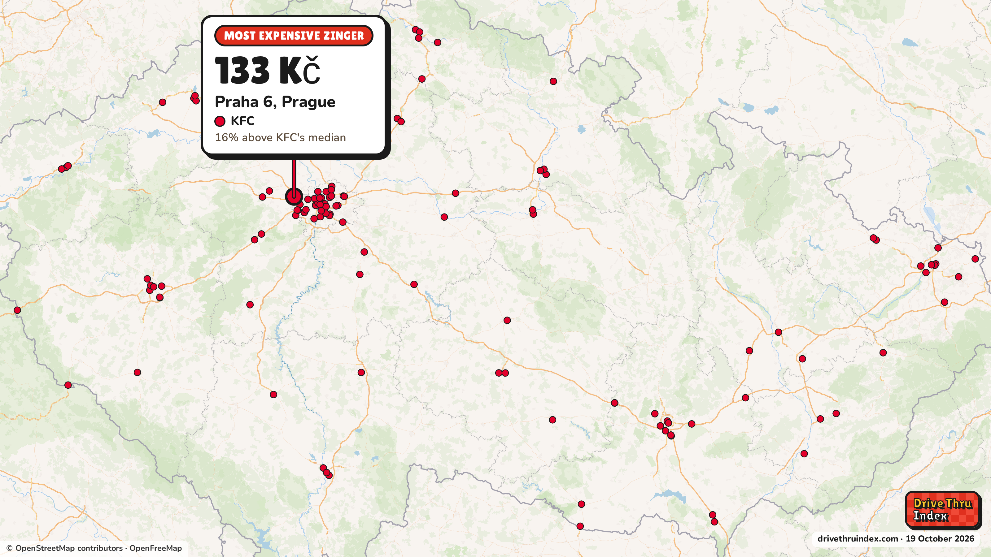 Map of Czechia marking each chain's most expensive restaurant: KFC Zinger, 133 Kč in Praha 6, Prague, 16% above its median.